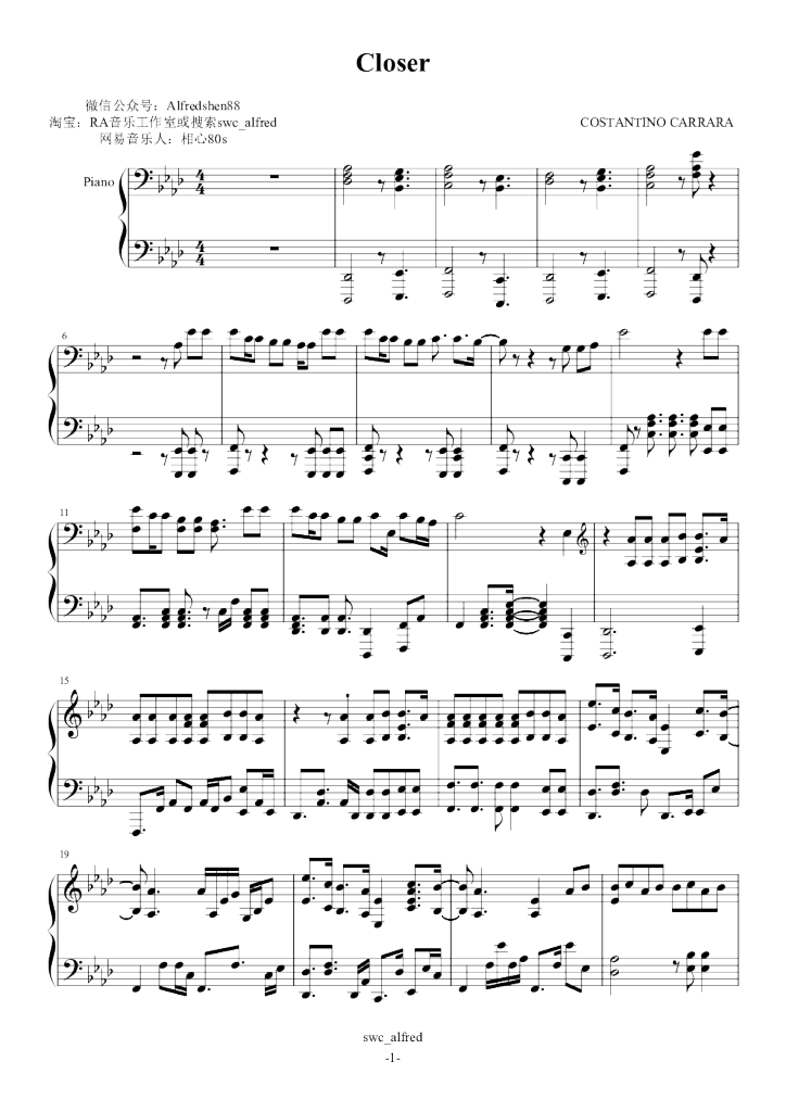closer钢琴谱_ab调独奏谱__钢琴独奏视频_原版钢琴谱_虫虫钢琴|钢琴谱