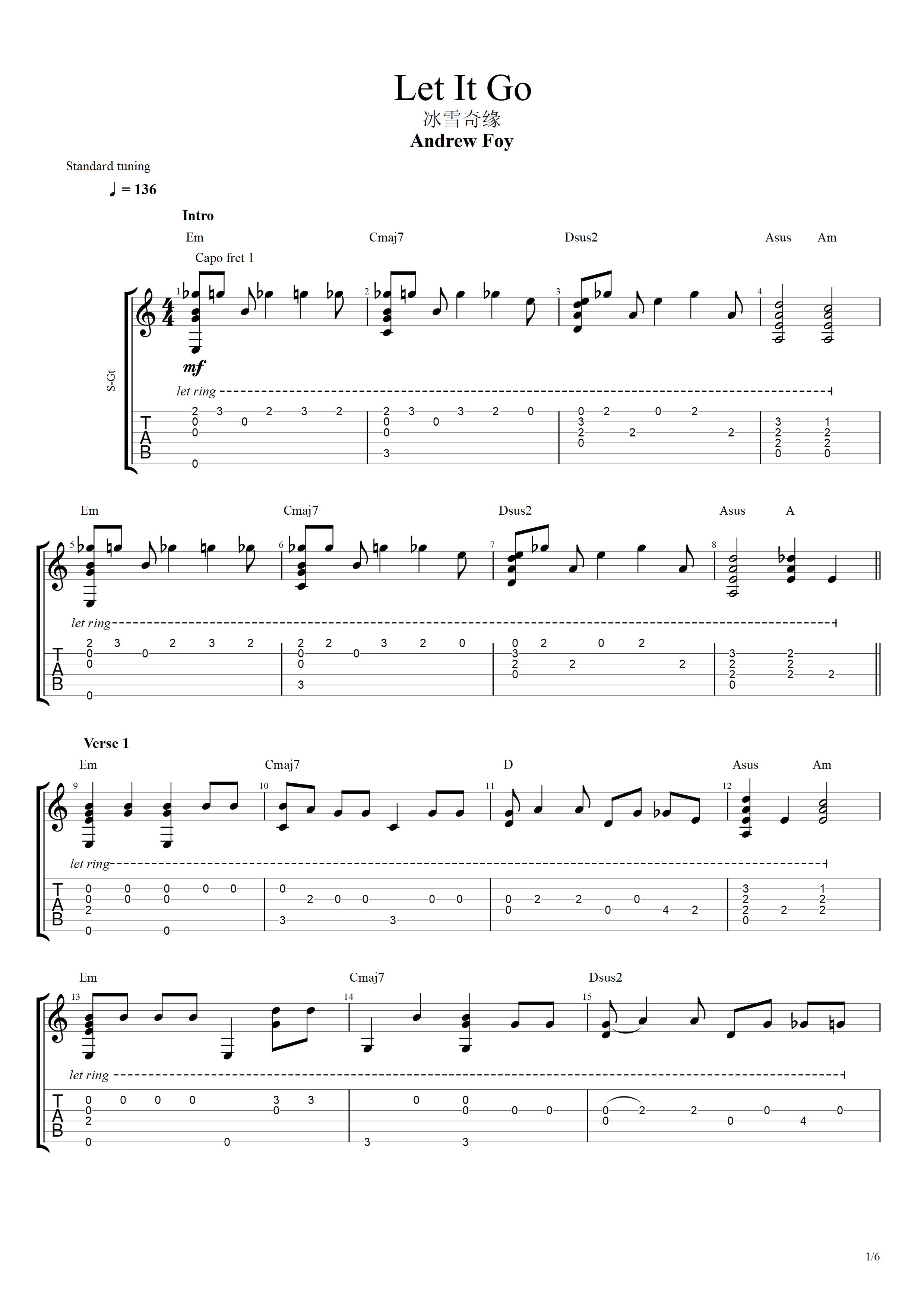 foy版-黛米·洛瓦托,伊迪娜·门泽尔《 let it go》 指弹吉他谱c调gtp