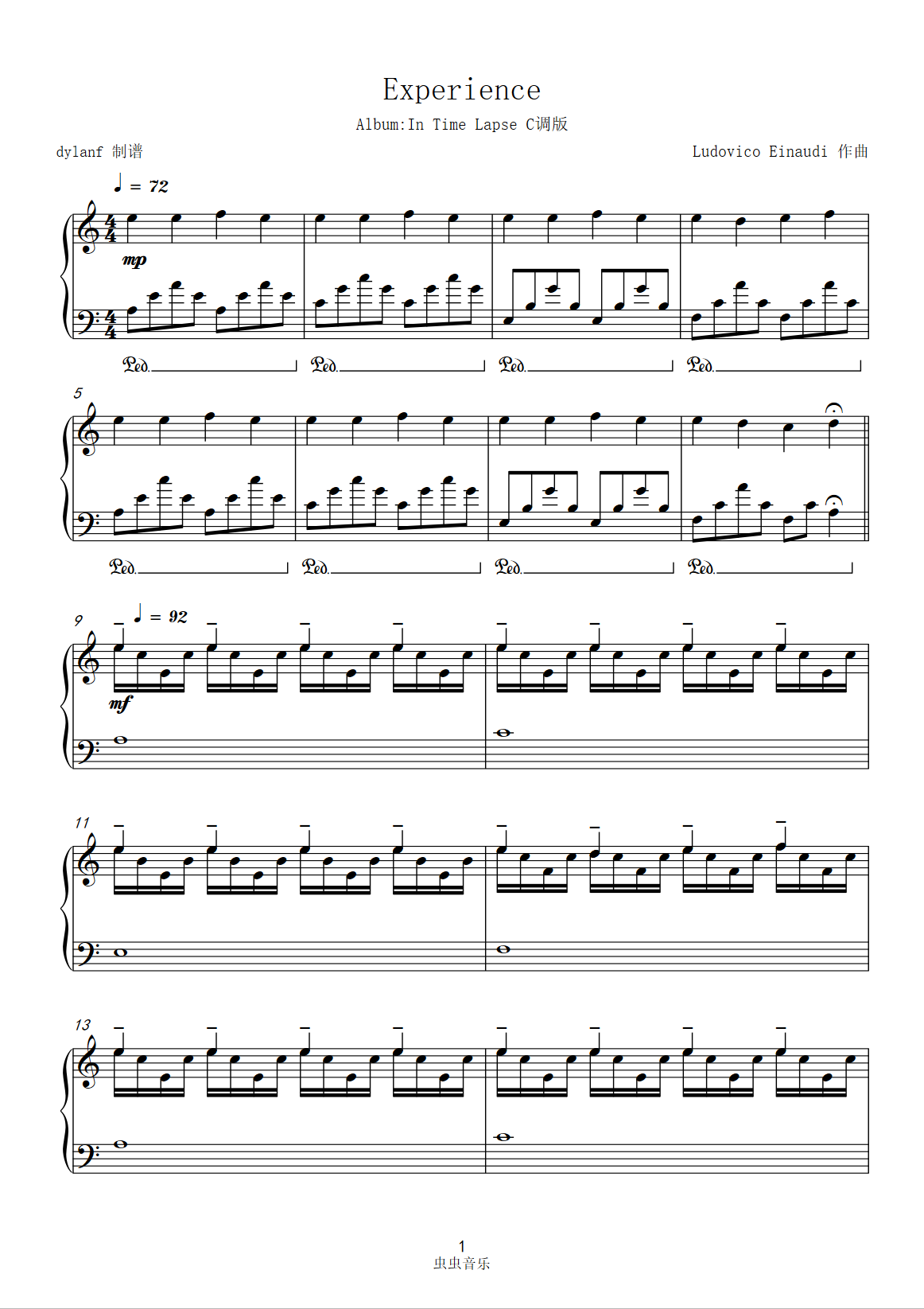 c調experience鋼琴版《in a time lapse》鋼琴譜-蟲蟲鋼琴