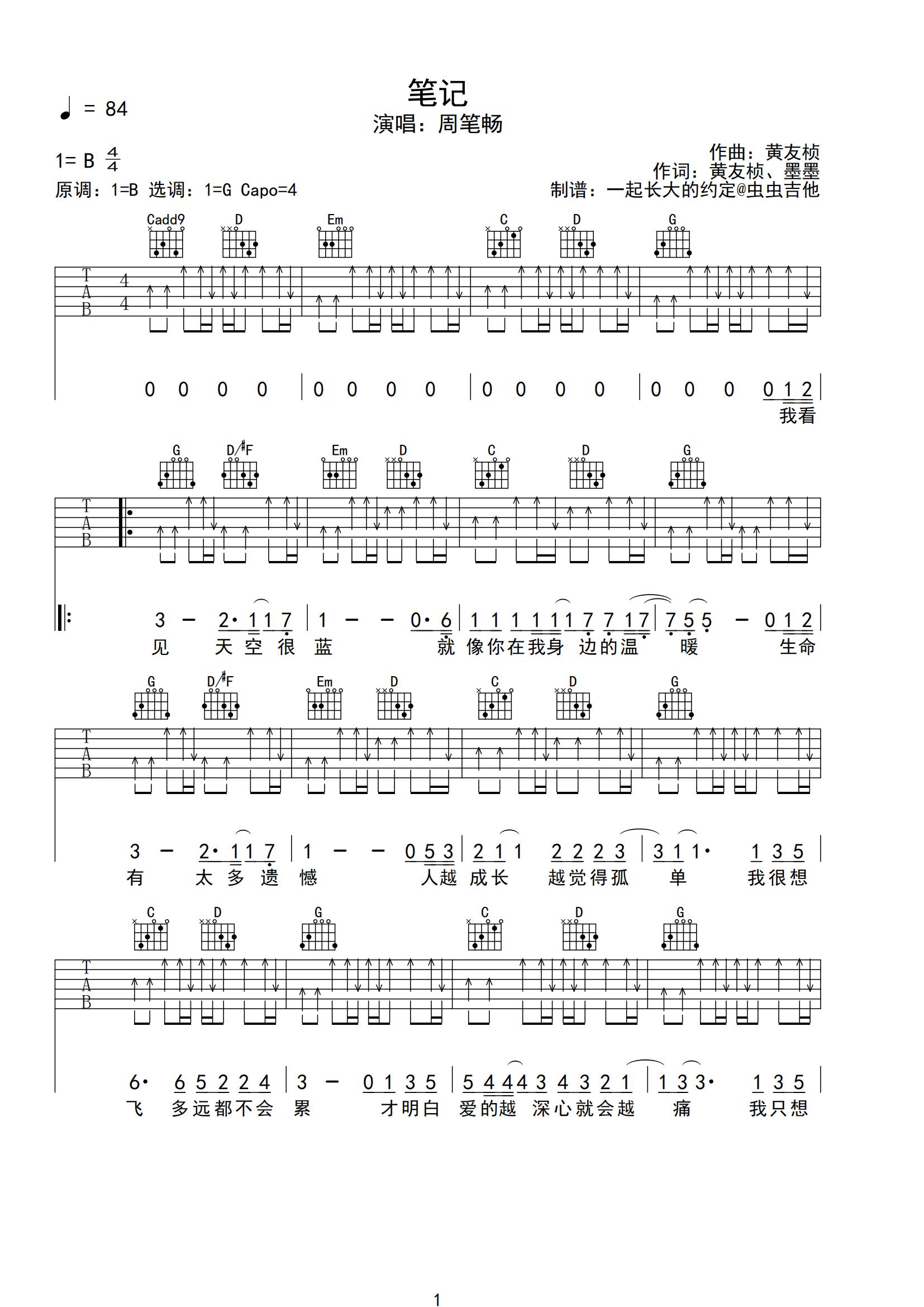笔记吉他谱-弹唱谱-b/cb-虫虫吉他