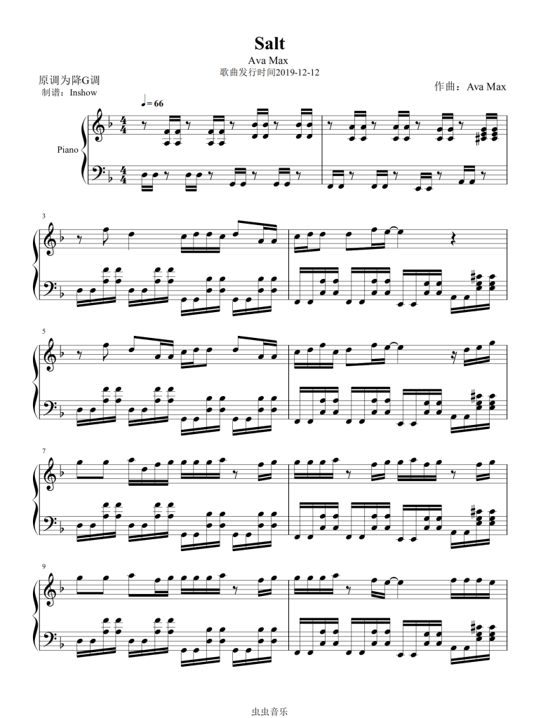 ava max - salt【f调独奏谱】,ava max - salt【f调独奏谱】钢琴谱