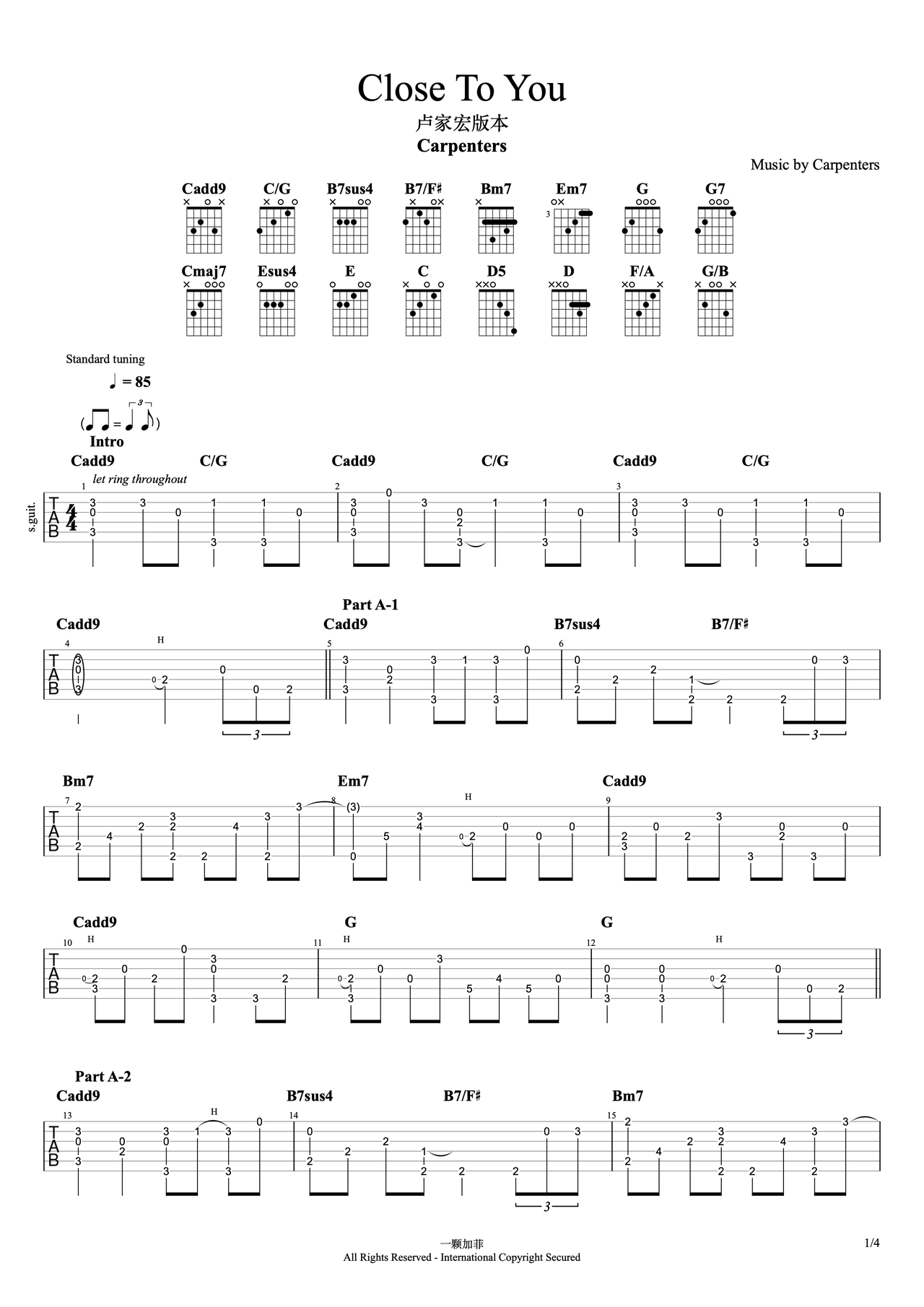 Close To You吉他谱-指弹谱-g调-虫虫吉他
