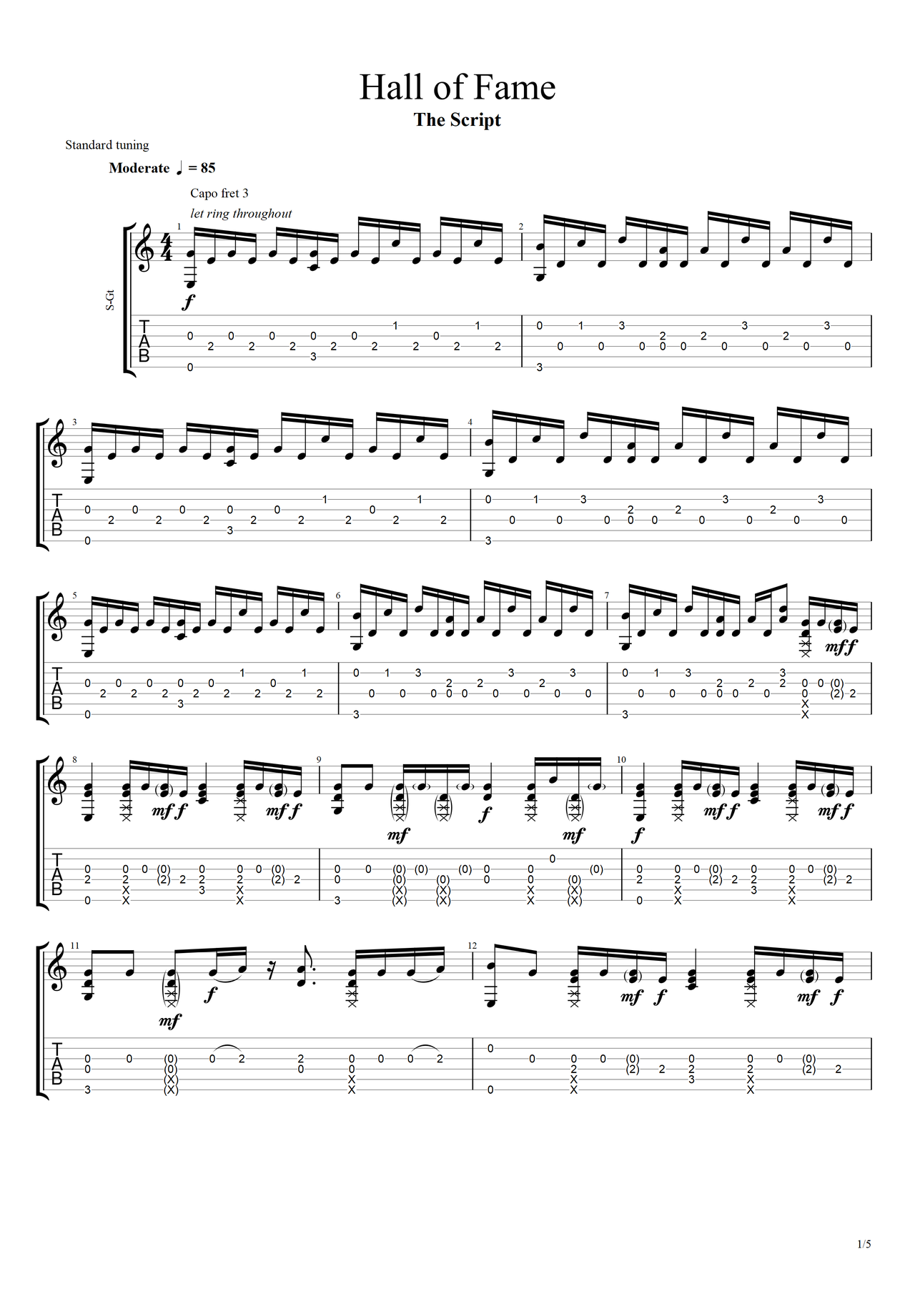 Hall of Fame吉他谱-指弹谱-c调-虫虫吉他