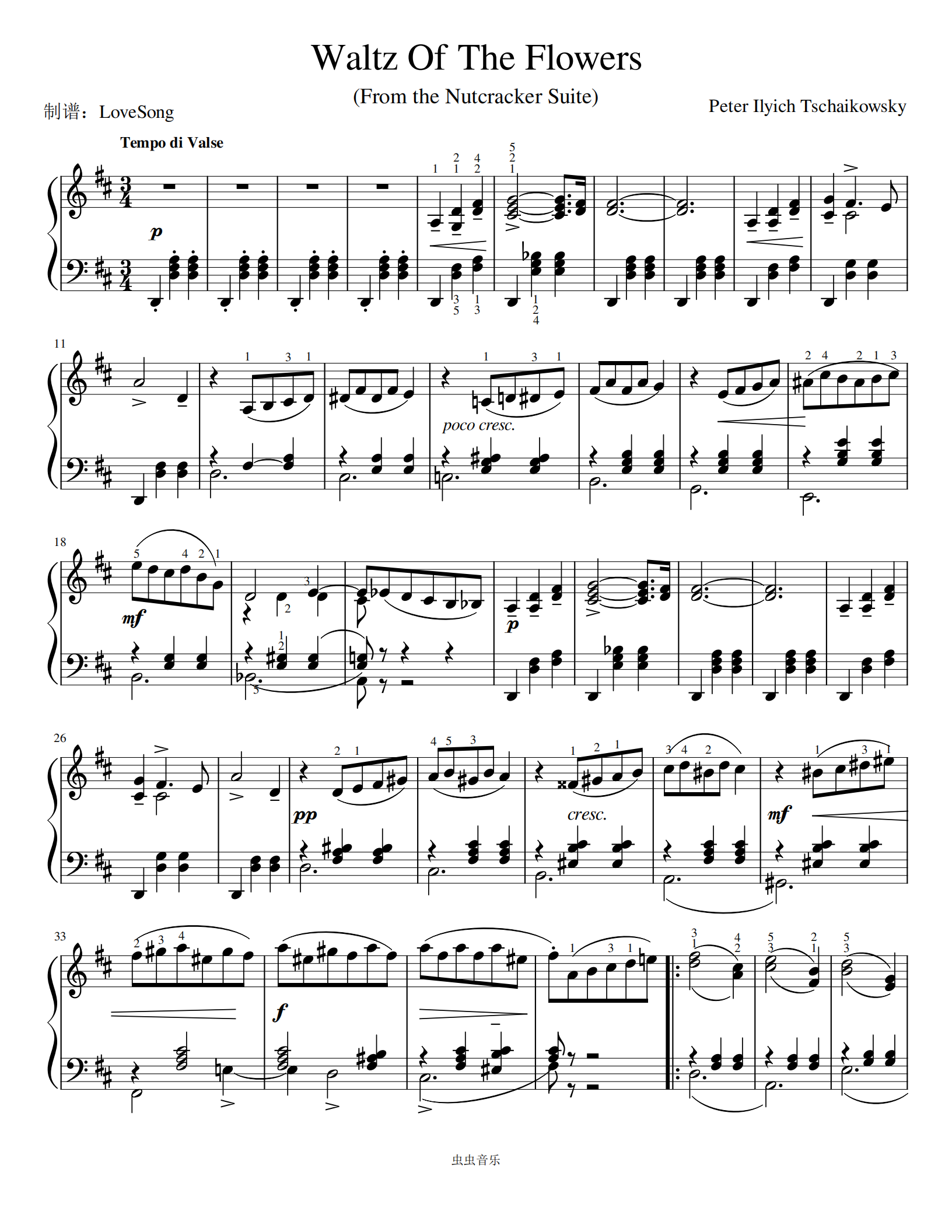 柴可夫斯基 花之圆舞曲 钢琴谱带指法 选自胡桃夹子,柴可夫斯基 花之