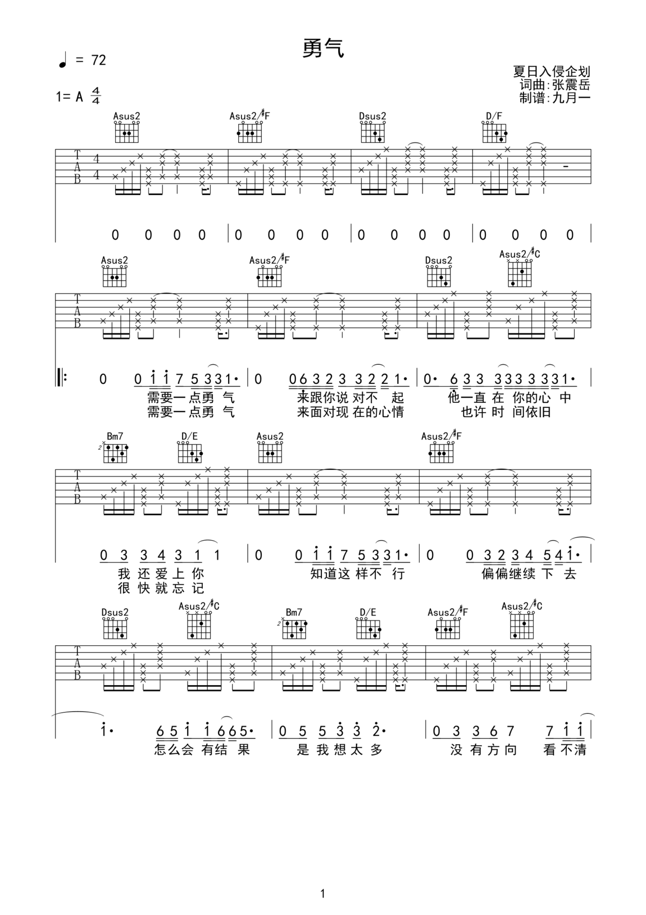 勇气吉他谱-弹唱谱-a调-虫虫吉他