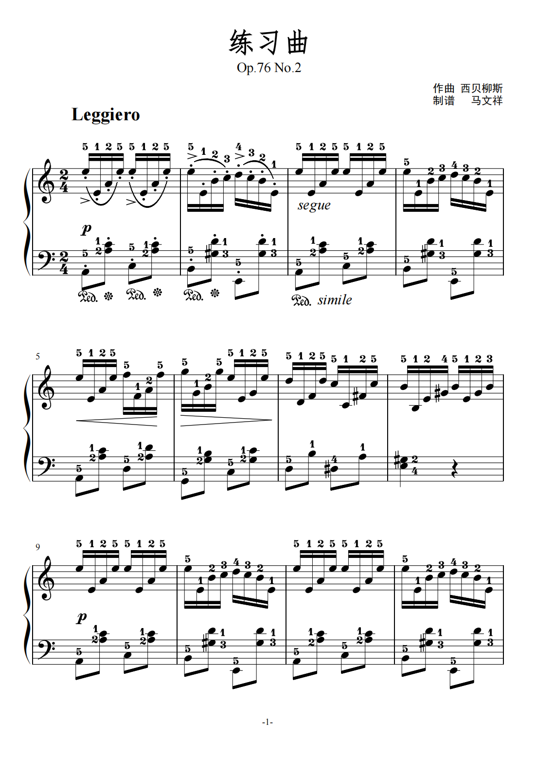 西贝柳斯《练习曲 (西贝柳斯)》钢琴谱