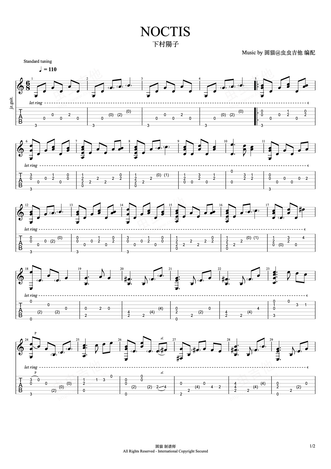 NOCTIS吉他谱-指弹谱-g调-虫虫吉他