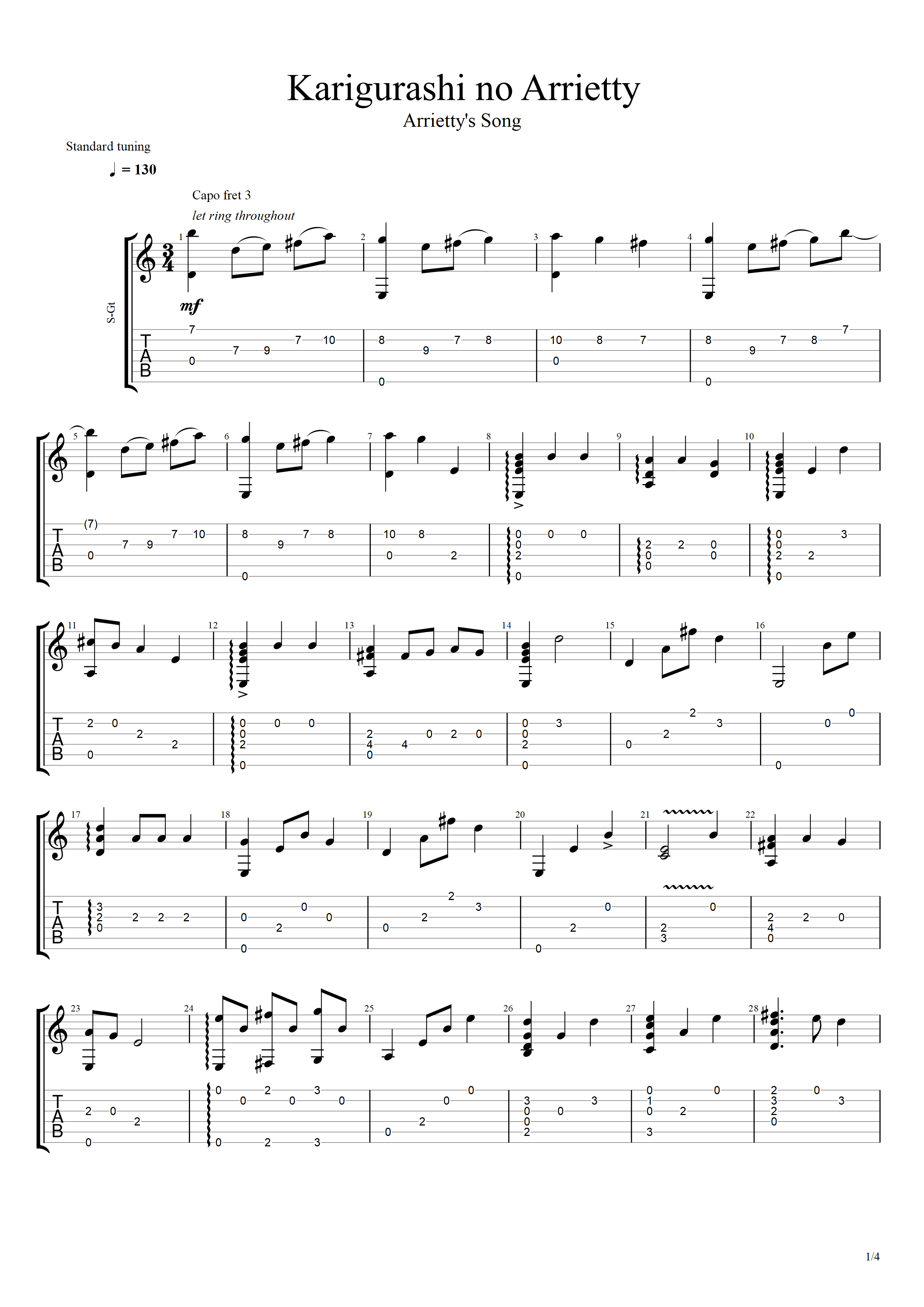 Arrietty's Song吉他谱-指弹谱-c调-虫虫吉他