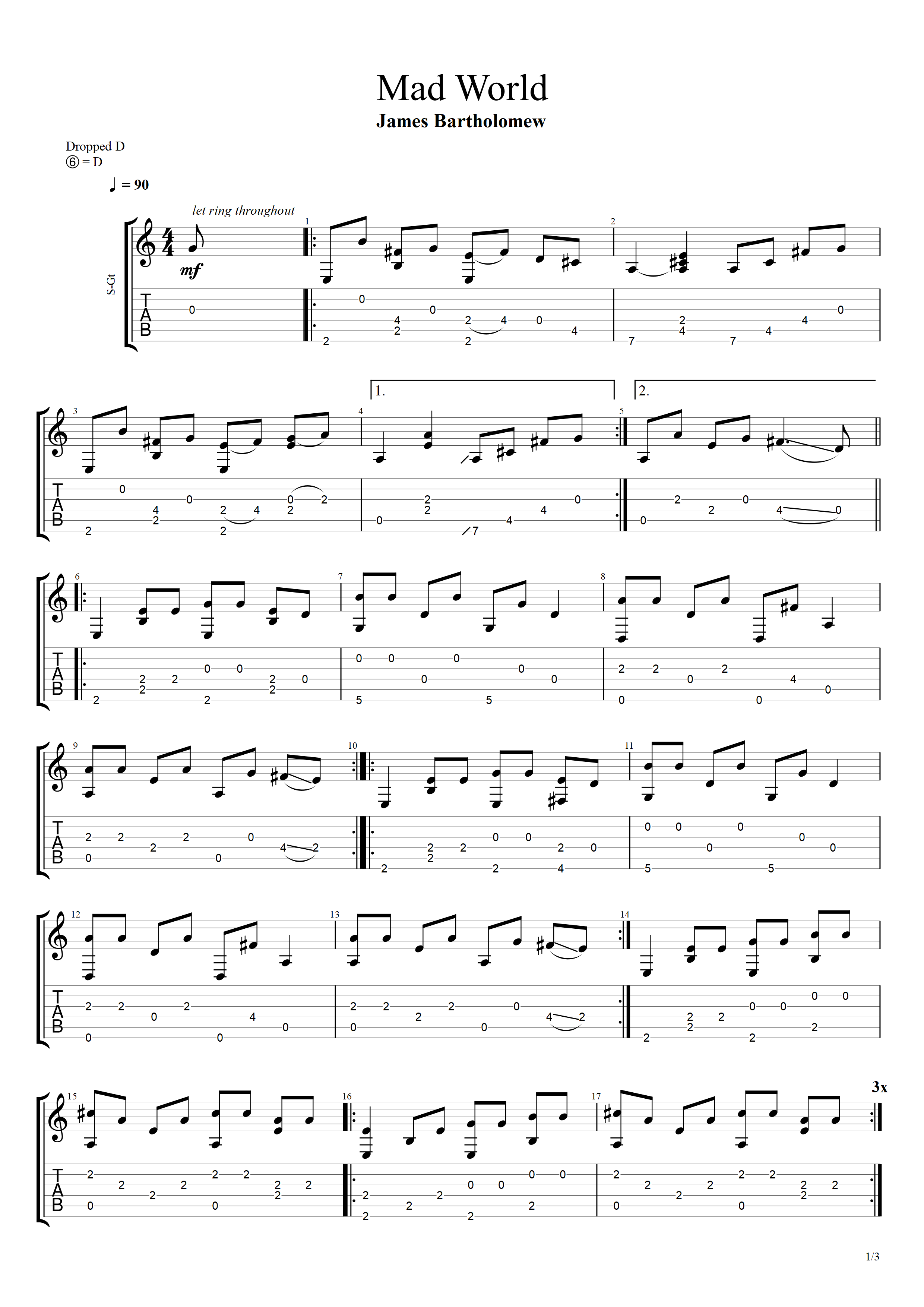 jamesbartholomew版tearsforfearsmadworld指弹吉他谱