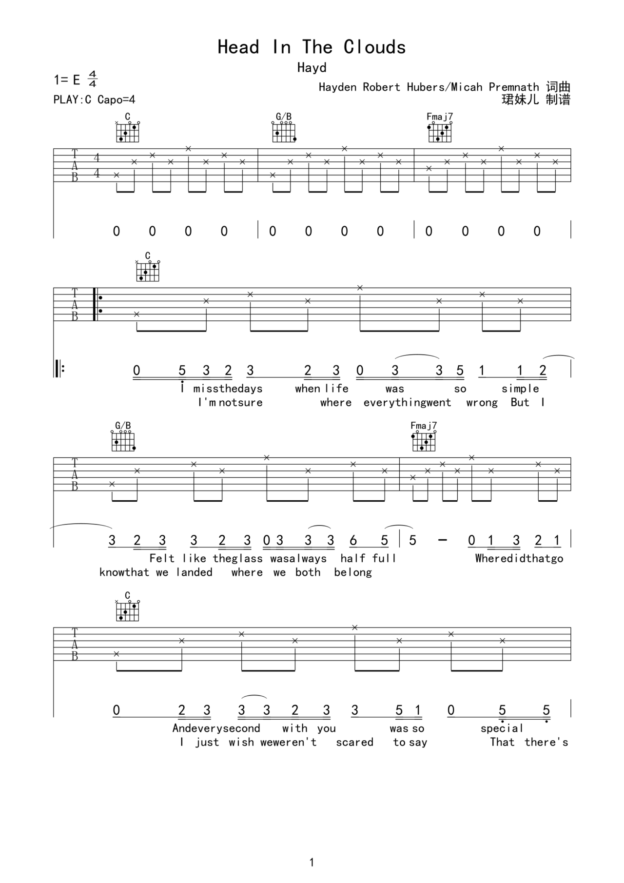 Head In The Clouds吉他谱-弹唱谱-虫虫吉他