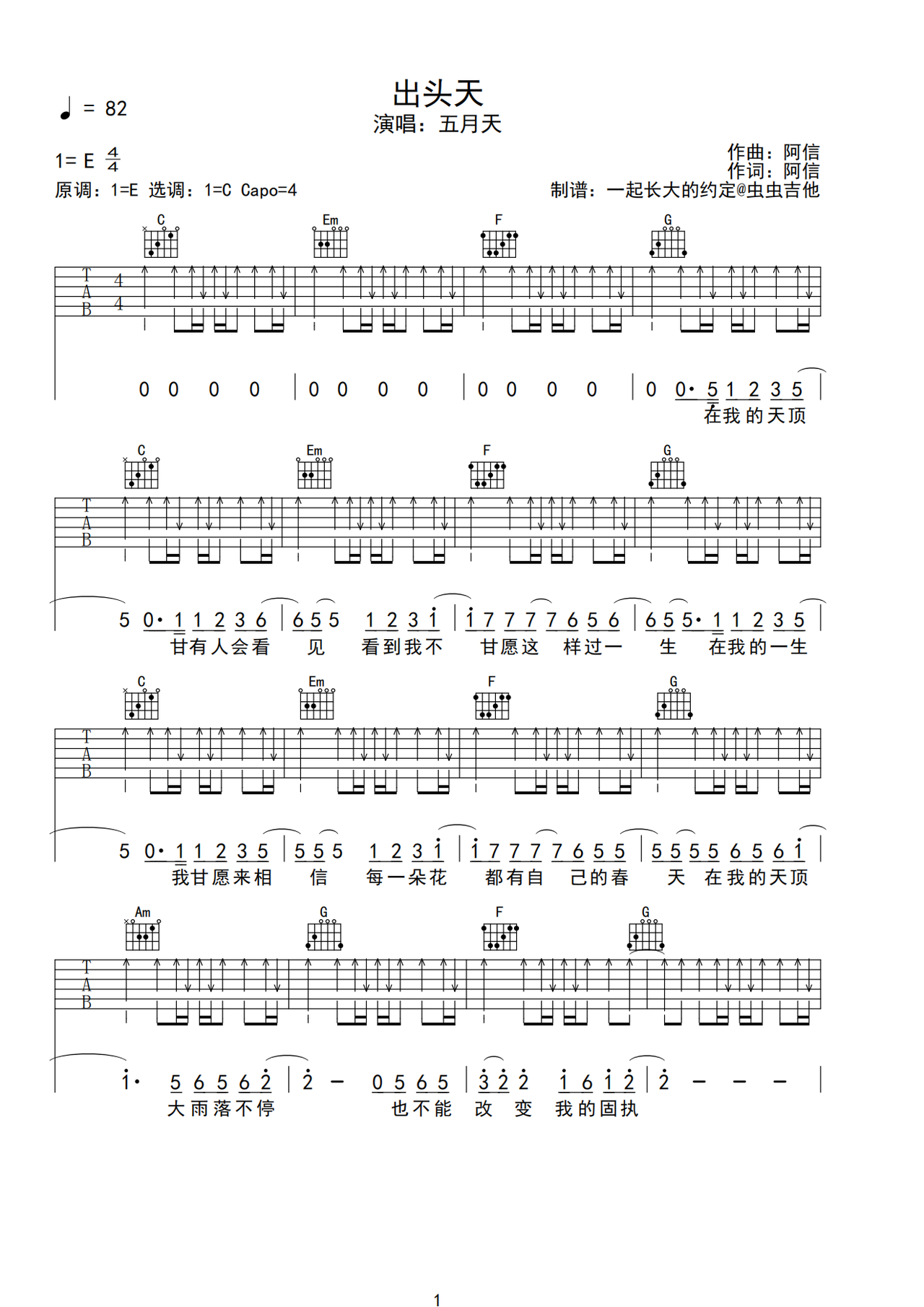 出头天吉他谱-弹唱谱-e大调-虫虫吉他