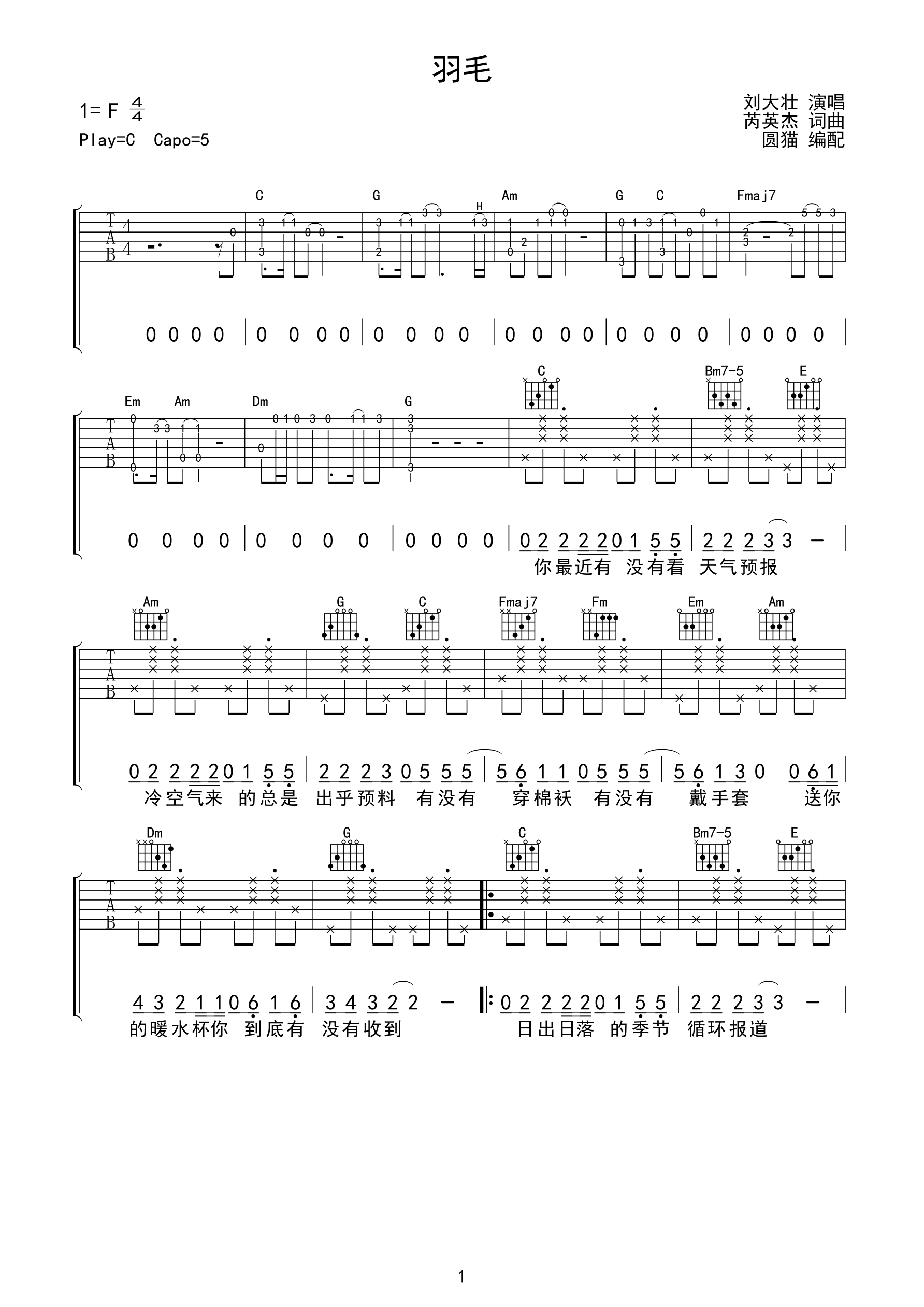 羽毛-c调完美版- 刘大壮f调六线pdf谱吉他谱-虫虫吉他谱免费下载