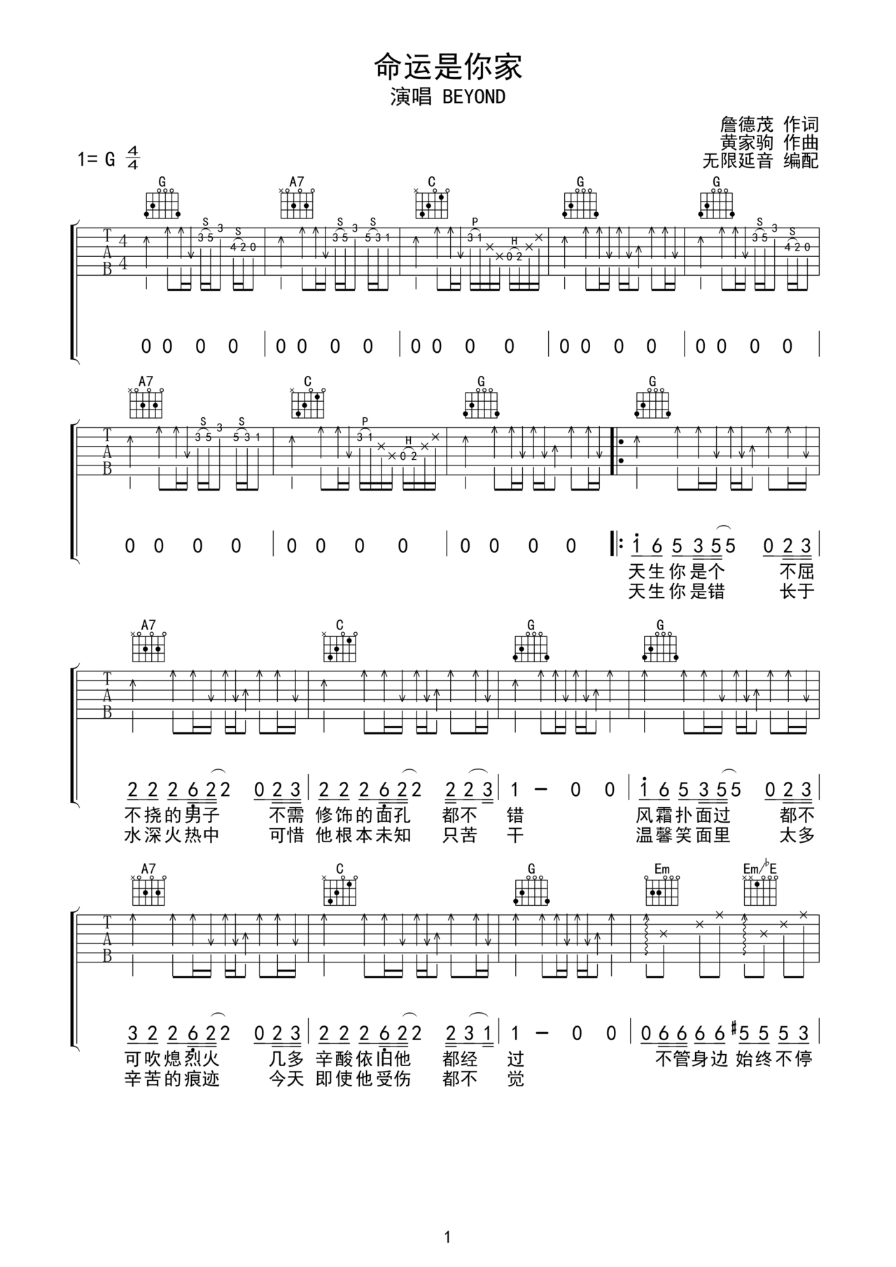 命运是你家吉他谱-弹唱谱-g调-虫虫吉他