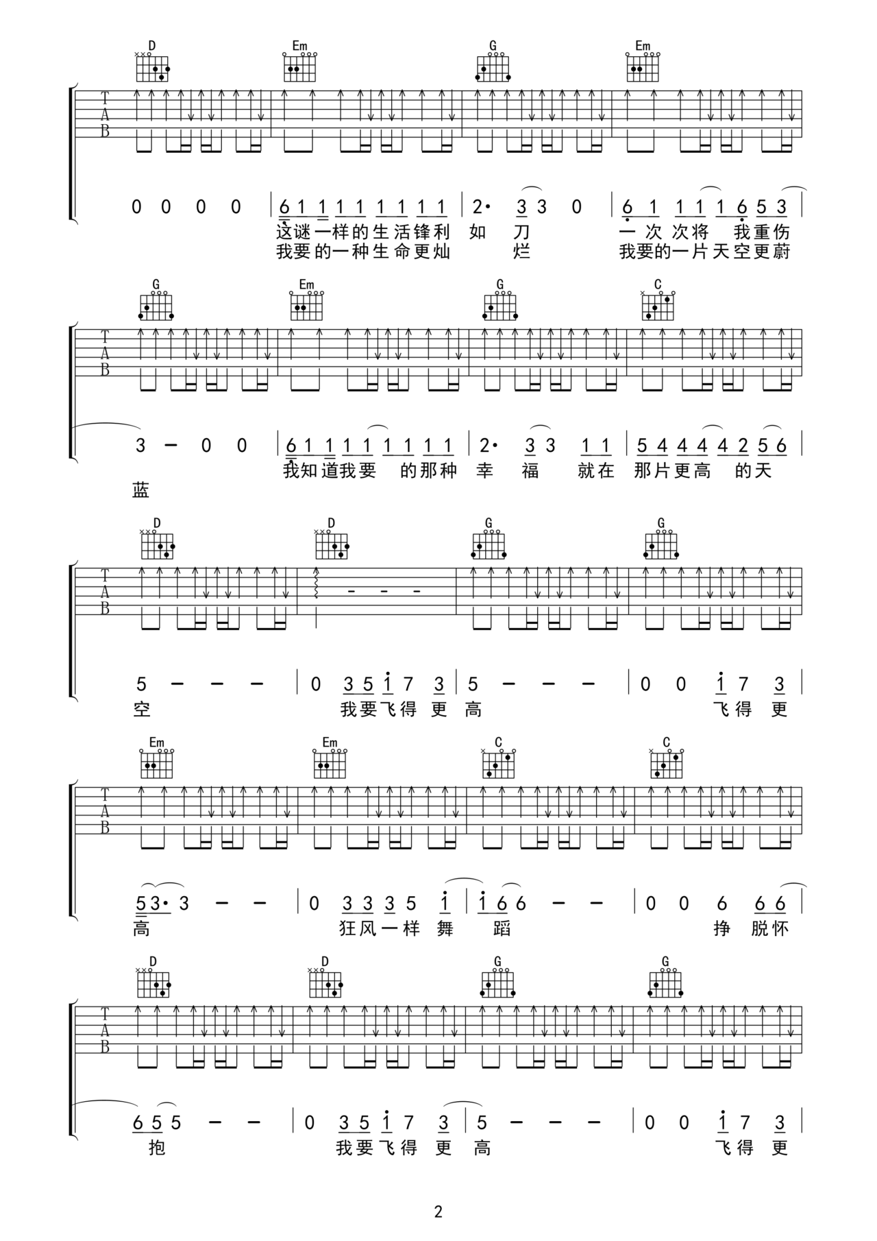 汪峰 飞得更高 吉他谱 g调指法-虫虫吉他:www.ccguitar.cn