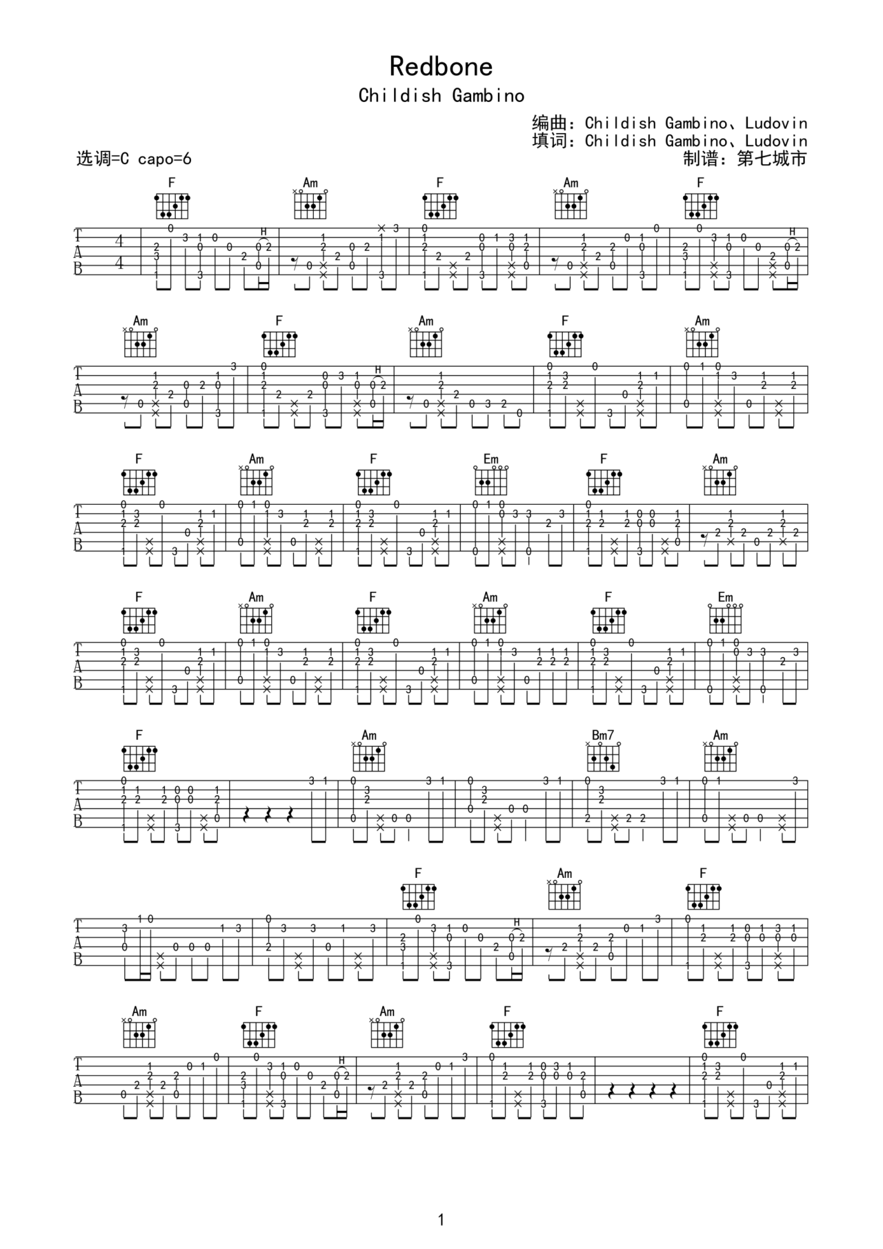 Redbone吉他谱-指弹谱-f#/gb-虫虫吉他