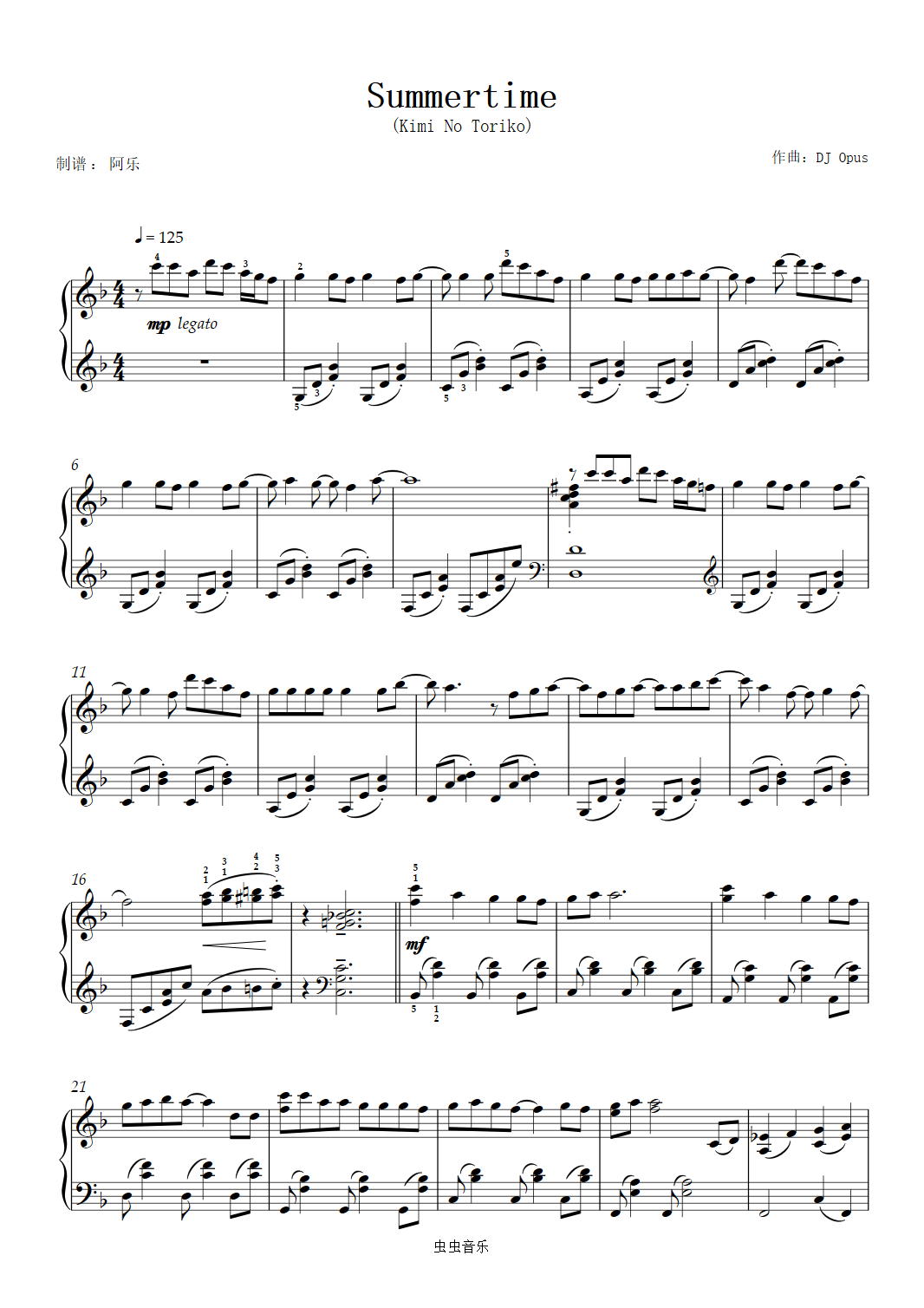 Summertime (Kimi no Toriko) Sheet music for Piano (Solo) Easy