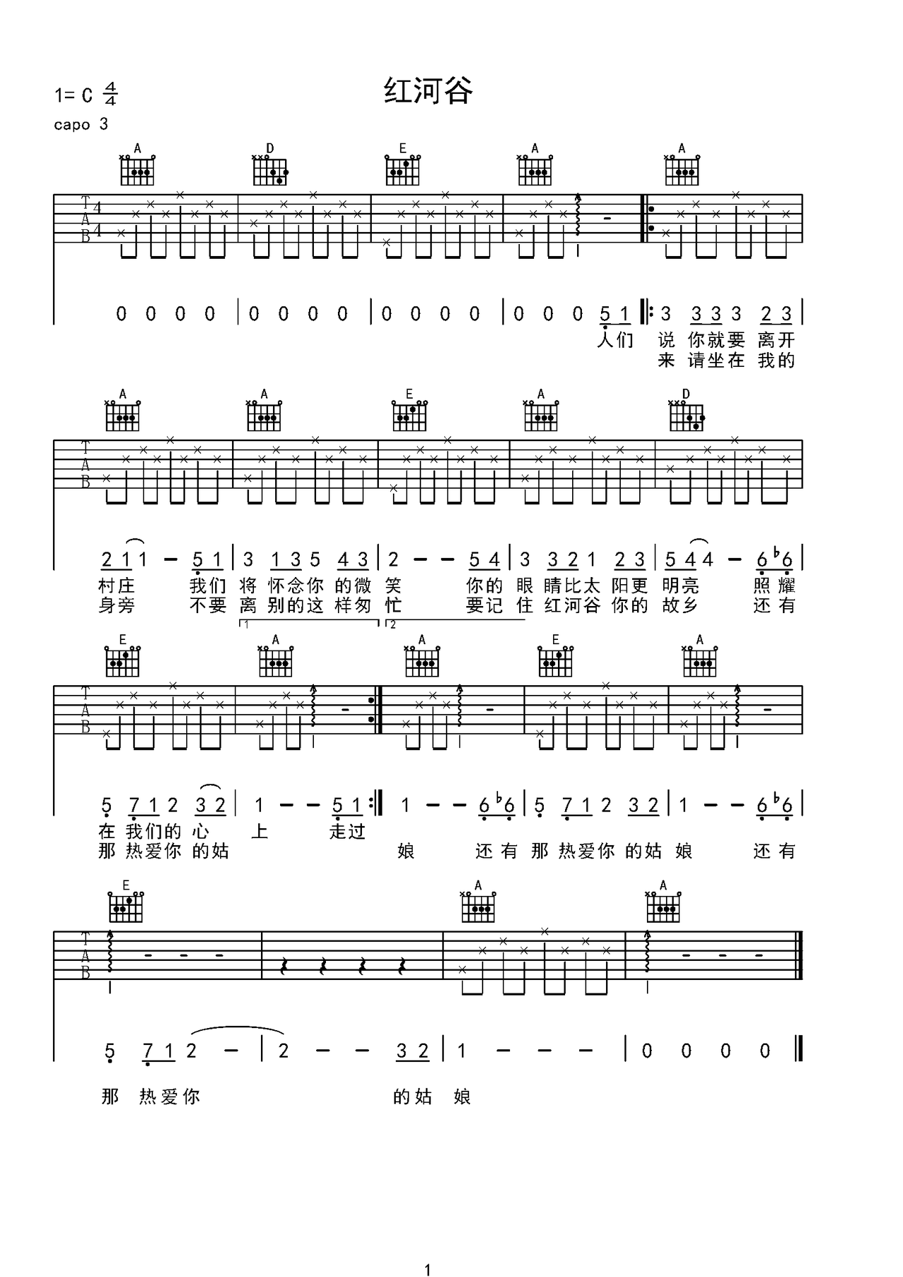红河谷吉他谱_人民_C调指弹 - 吉他世界