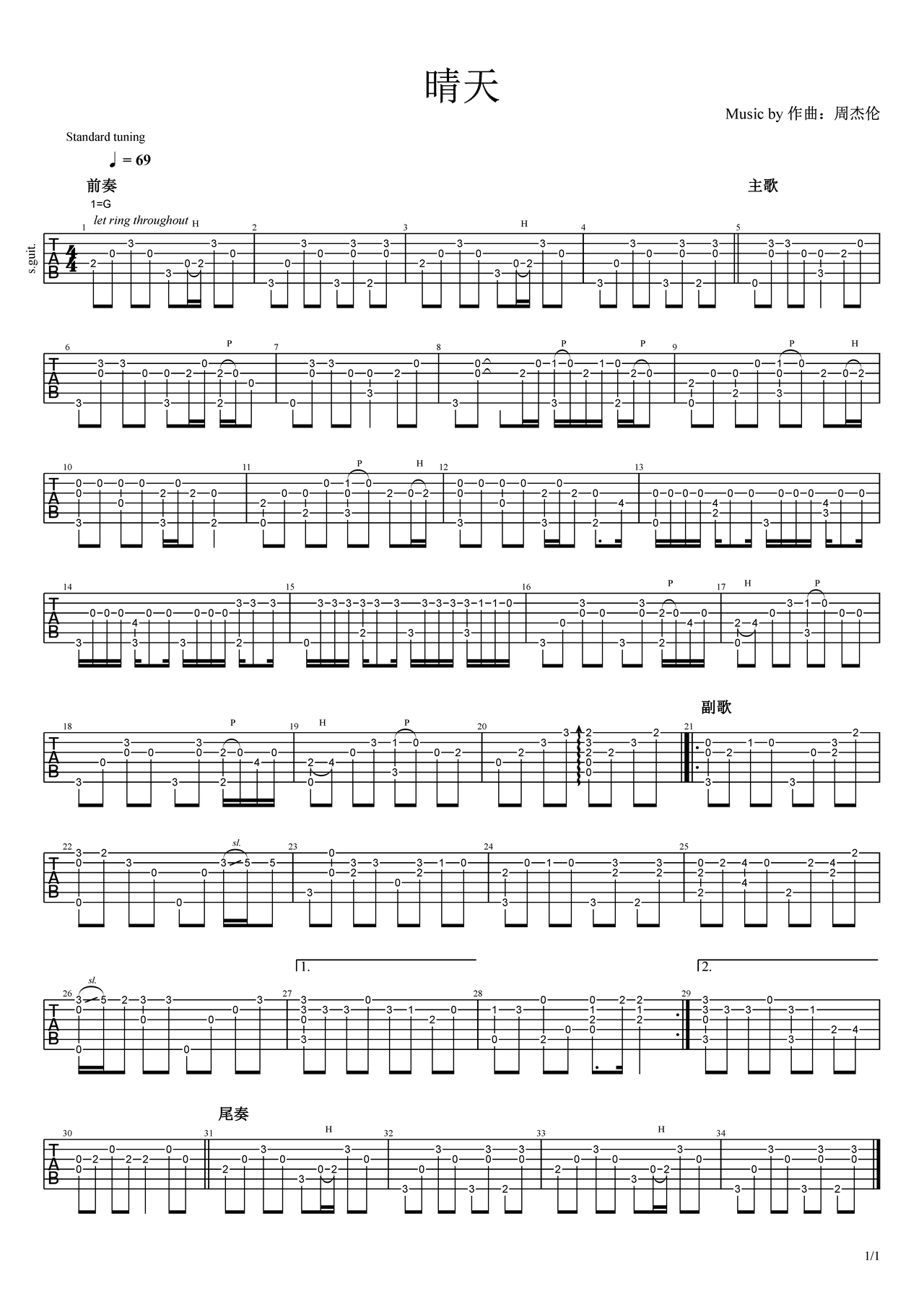 晴天吉他谱-指弹谱-g调-虫虫吉他