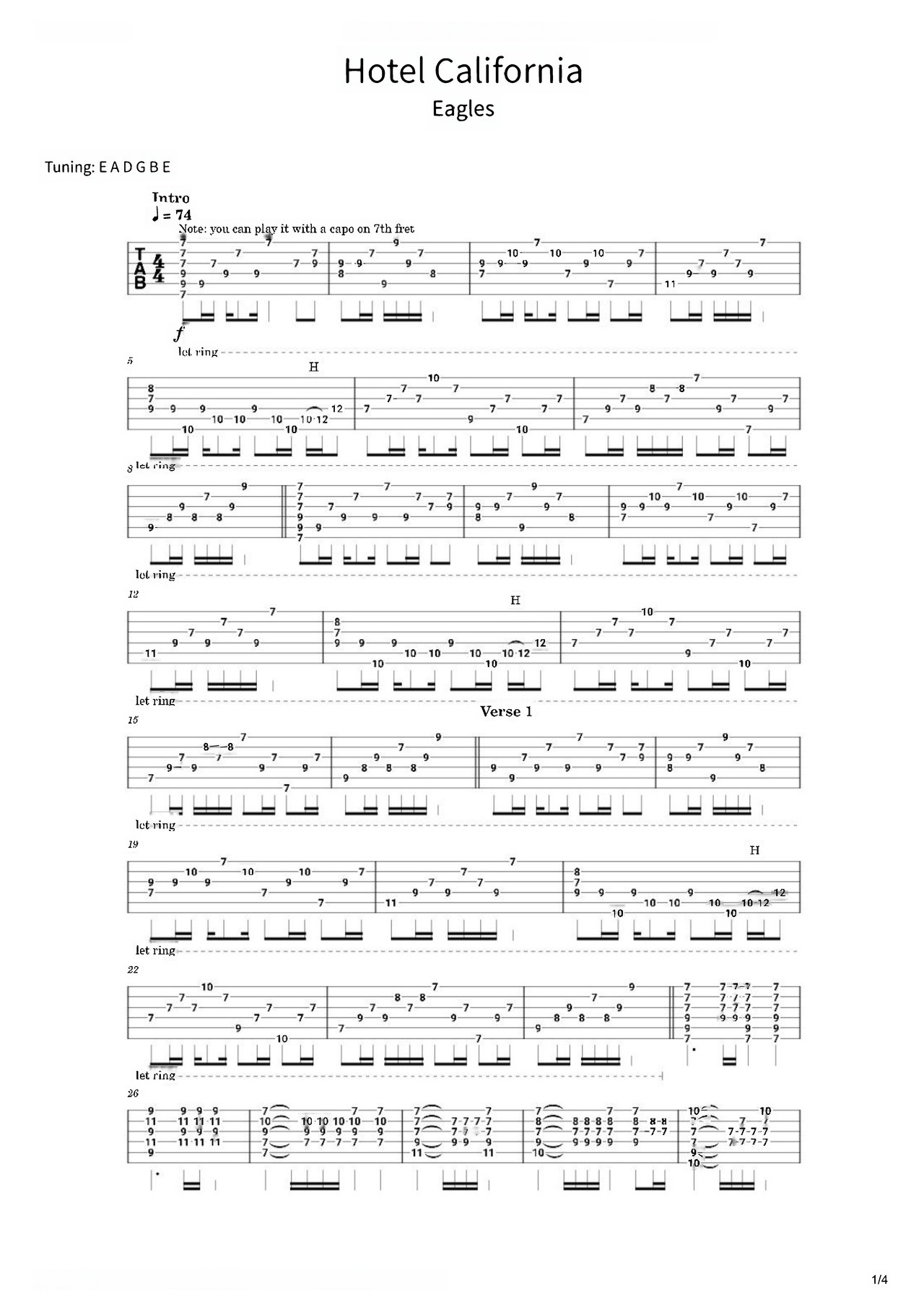 Hotel California吉他谱-指弹谱-d调-虫虫吉他