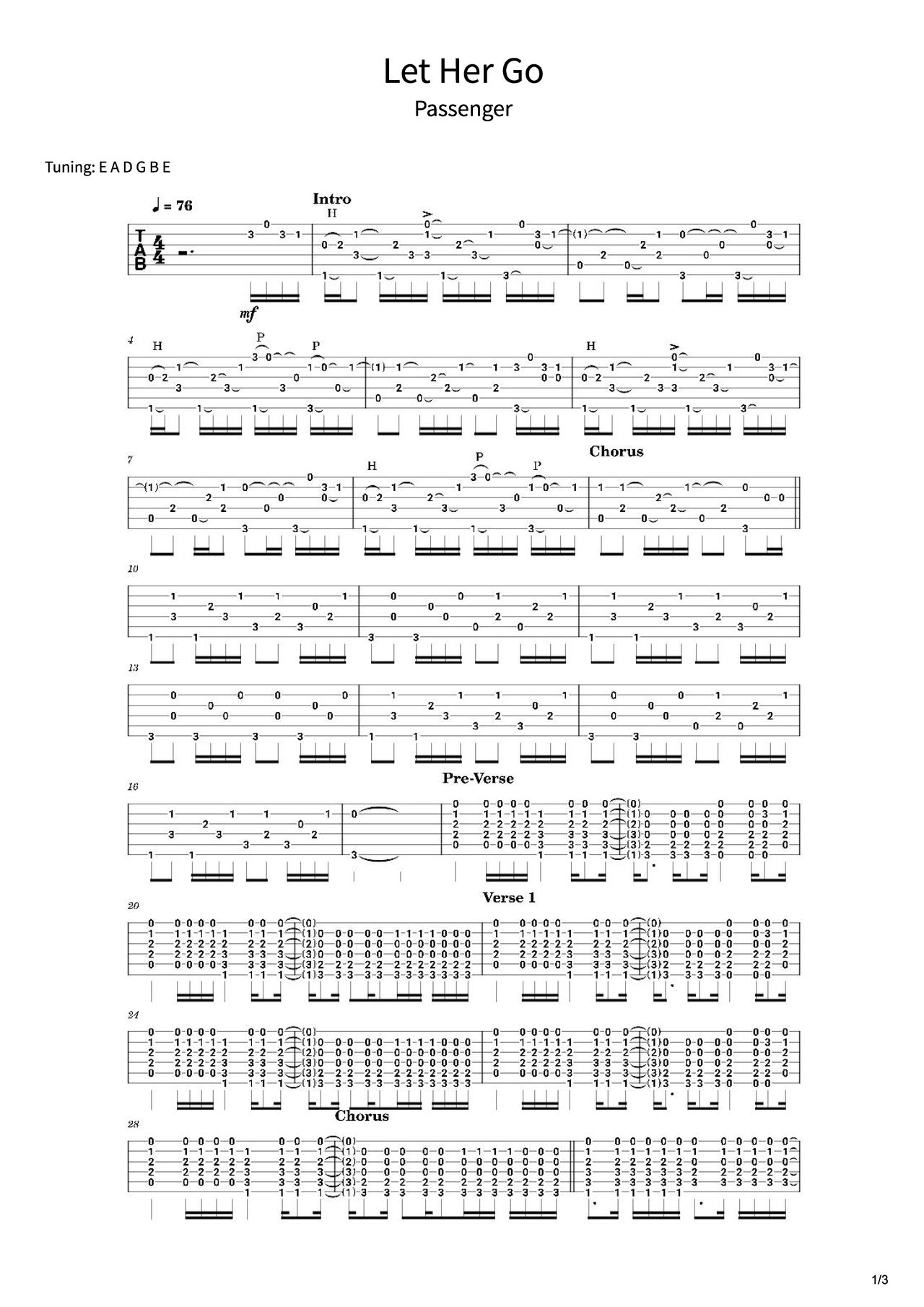 《Let Her Go》 - Passenger吉他谱-指弹谱-虫虫吉他