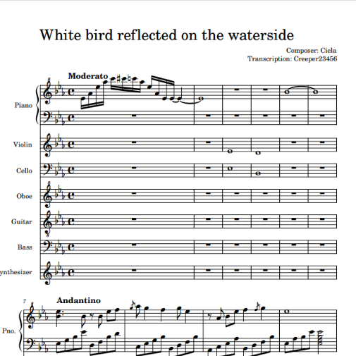 水辺に映る白い鳥钢琴简谱 数字双手