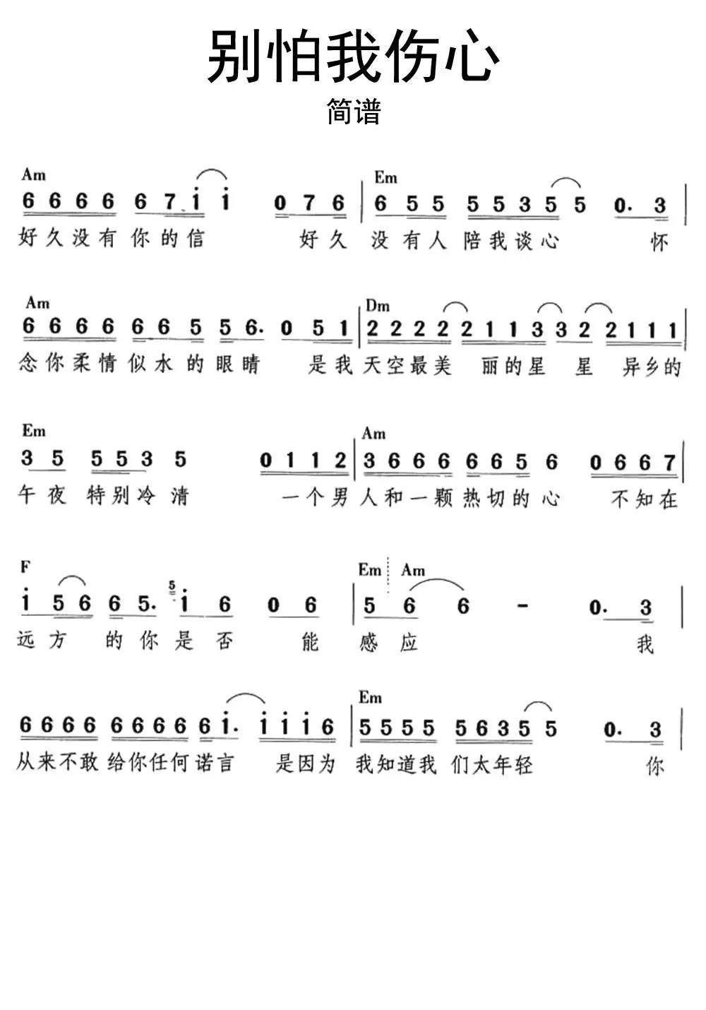 別怕我傷心簡譜樂譜