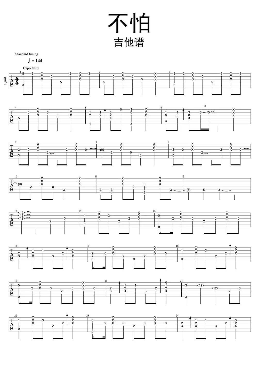 吉他谱 未知 动漫《神兵小将》片尾曲不怕.