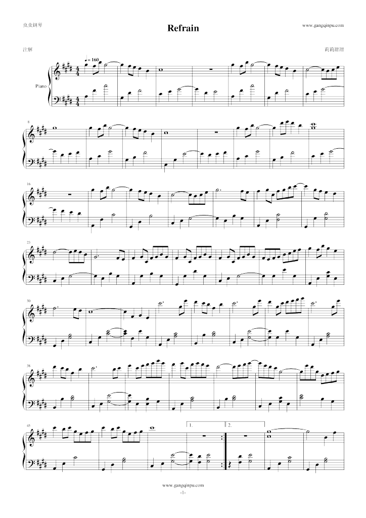 refrain钢琴谱_e大调独奏谱_阿南亮子 (あなん りょうこ)_钢琴独奏