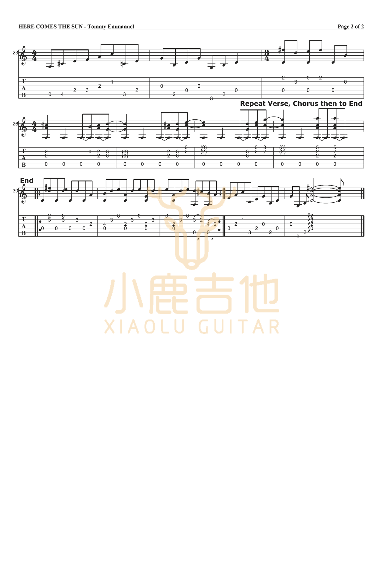 Here Comes The Sun吉他谱-指弹谱-d调-虫虫吉他