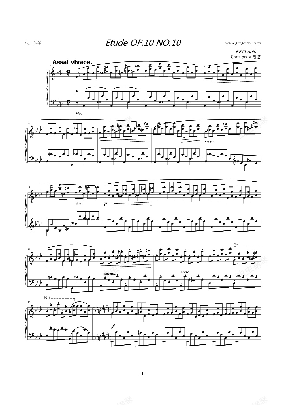 10钢琴谱,肖邦练习曲-etude op.10 no.