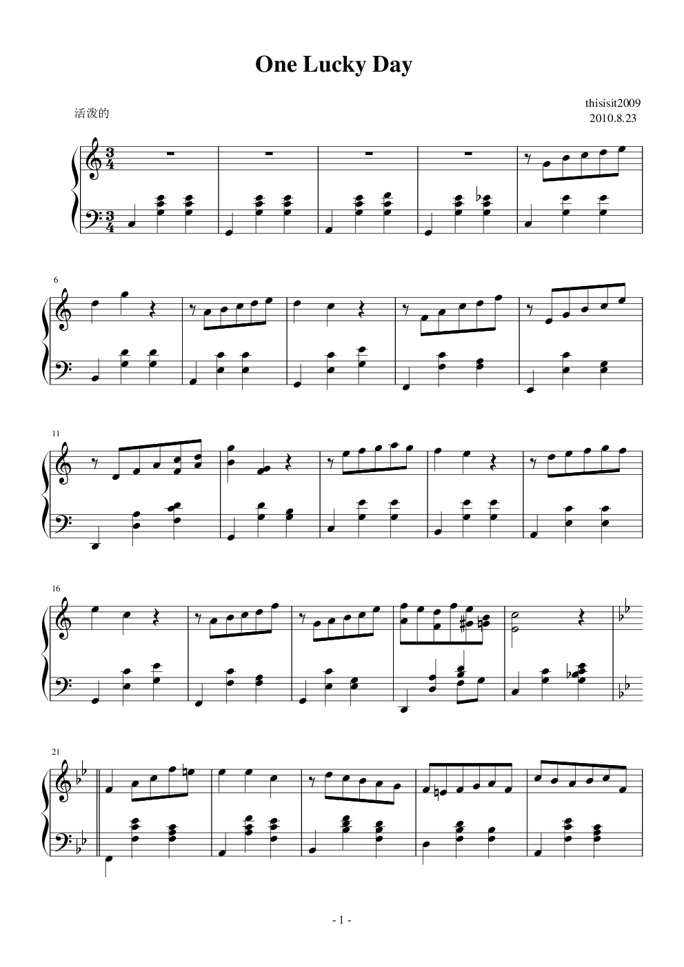 one lucky day,one lucky day钢琴谱,one lucky daybb调钢琴谱,one