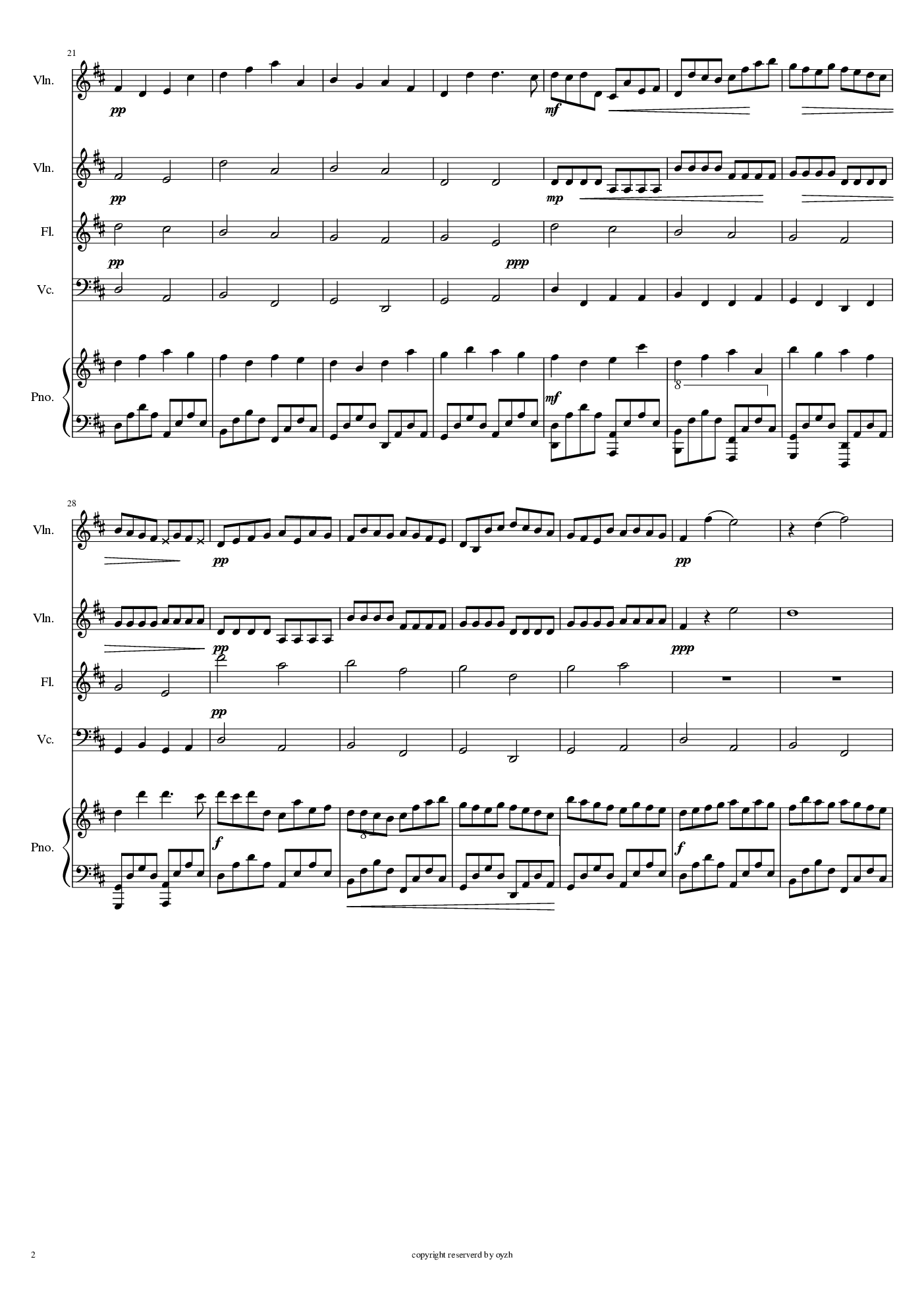 卡农-五重奏-钢琴-小提琴X2-大提琴-长笛