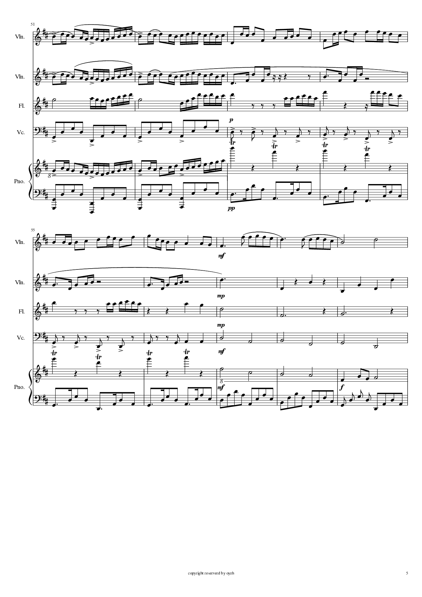 卡农-五重奏-钢琴-小提琴X2-大提琴-长笛