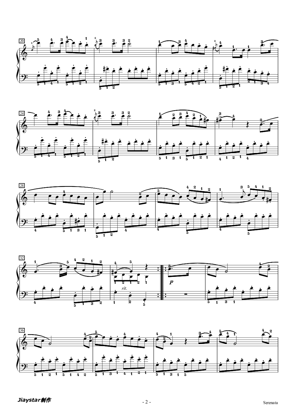 海顿小夜曲-如歌的行板(附指法)