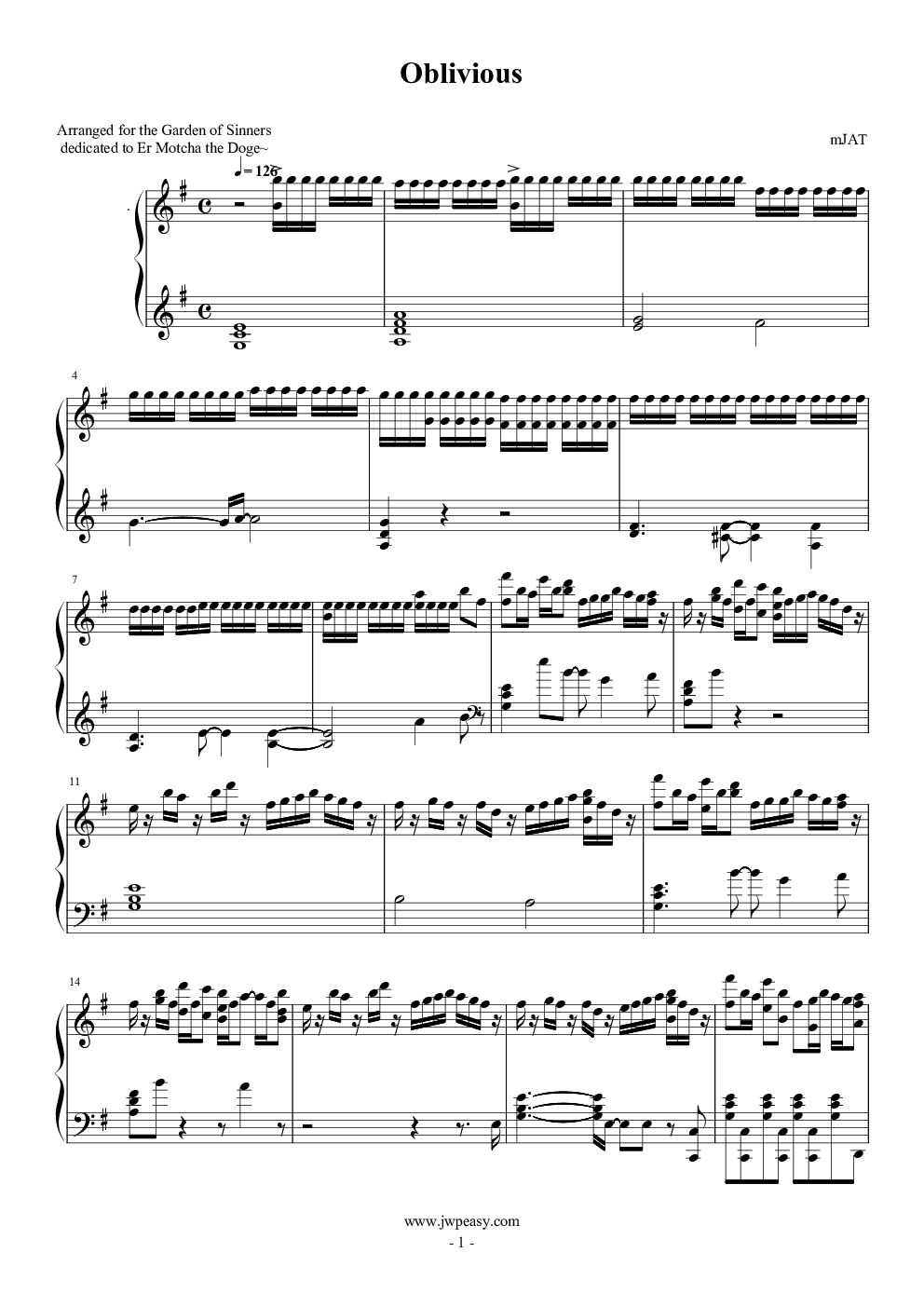 Oblivious 空之境界 Oblivious 空之境界钢琴谱 Oblivious 空之境界g调钢琴谱 Oblivious 空之境界 钢琴谱大全 虫虫钢琴谱下载 Www Gangqinpu Com