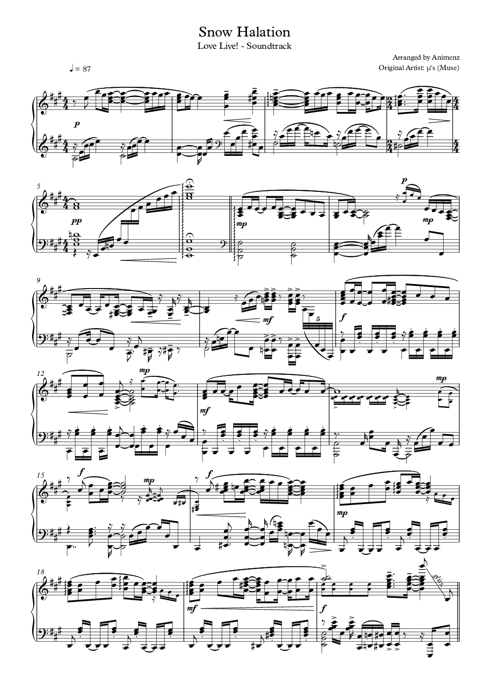 snow halation【animenzzz】钢琴谱,snow halation【animenzzz】a调