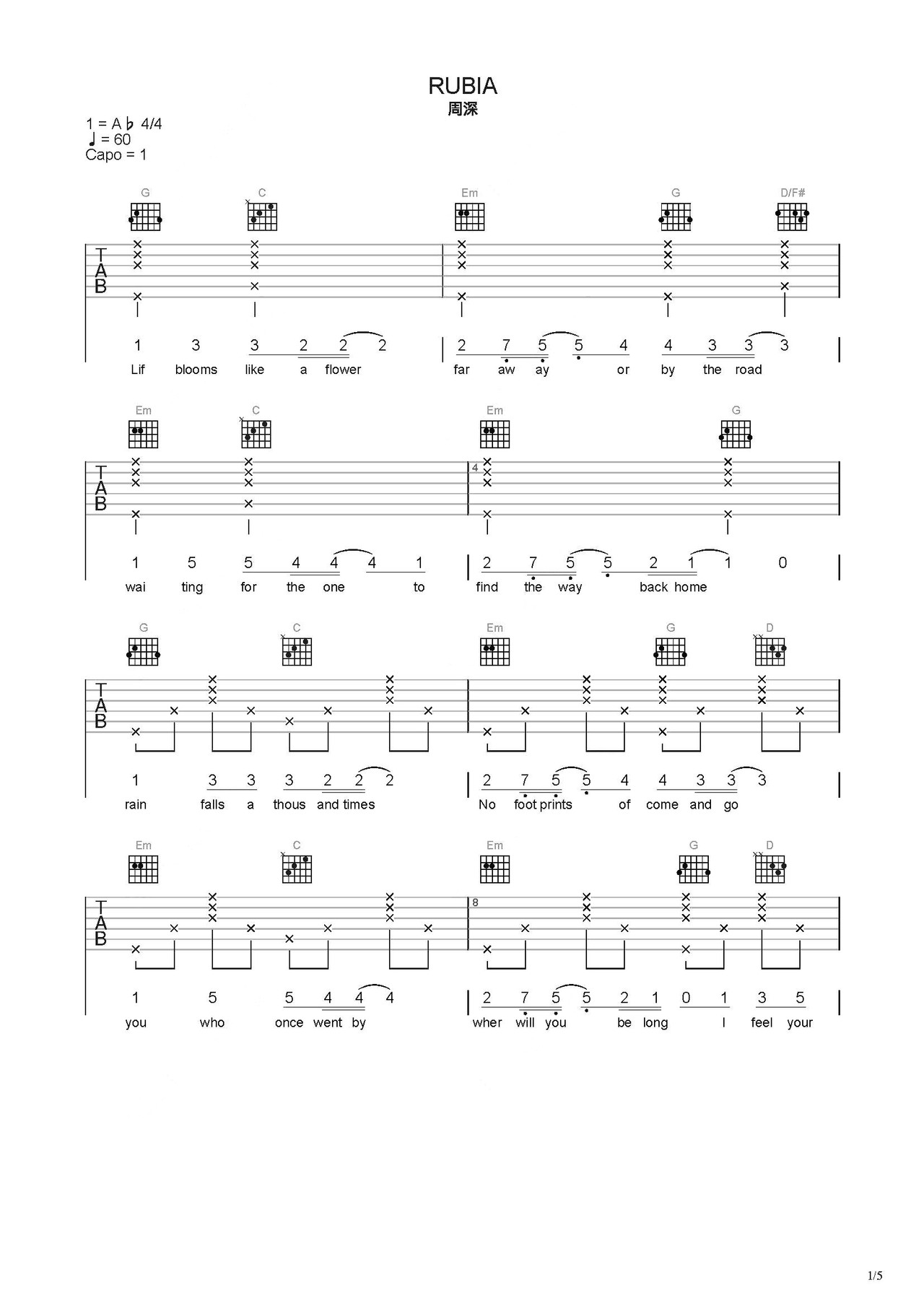 rubia吉他谱-弹唱谱-c调-虫虫吉他