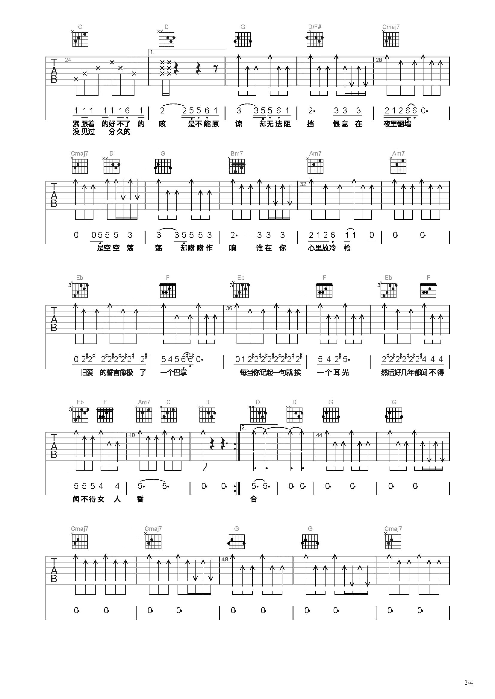 王菲的歌谱吉他谱《给自己的情书》C调 - 初级和弦谱(弹唱谱) - 吉他简谱