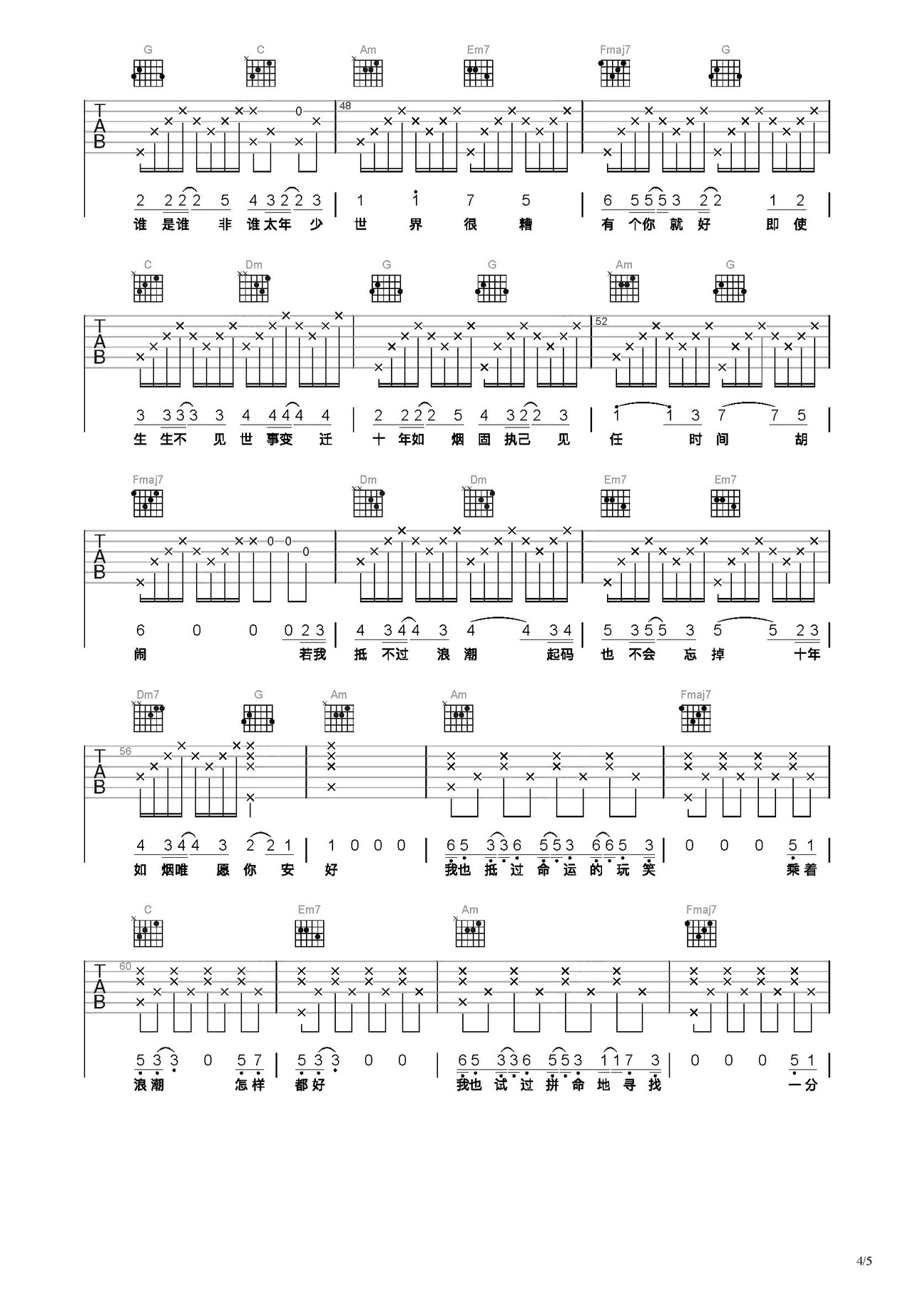 如烟吉他谱_五月天_G调弹唱56%专辑版 - 吉他世界