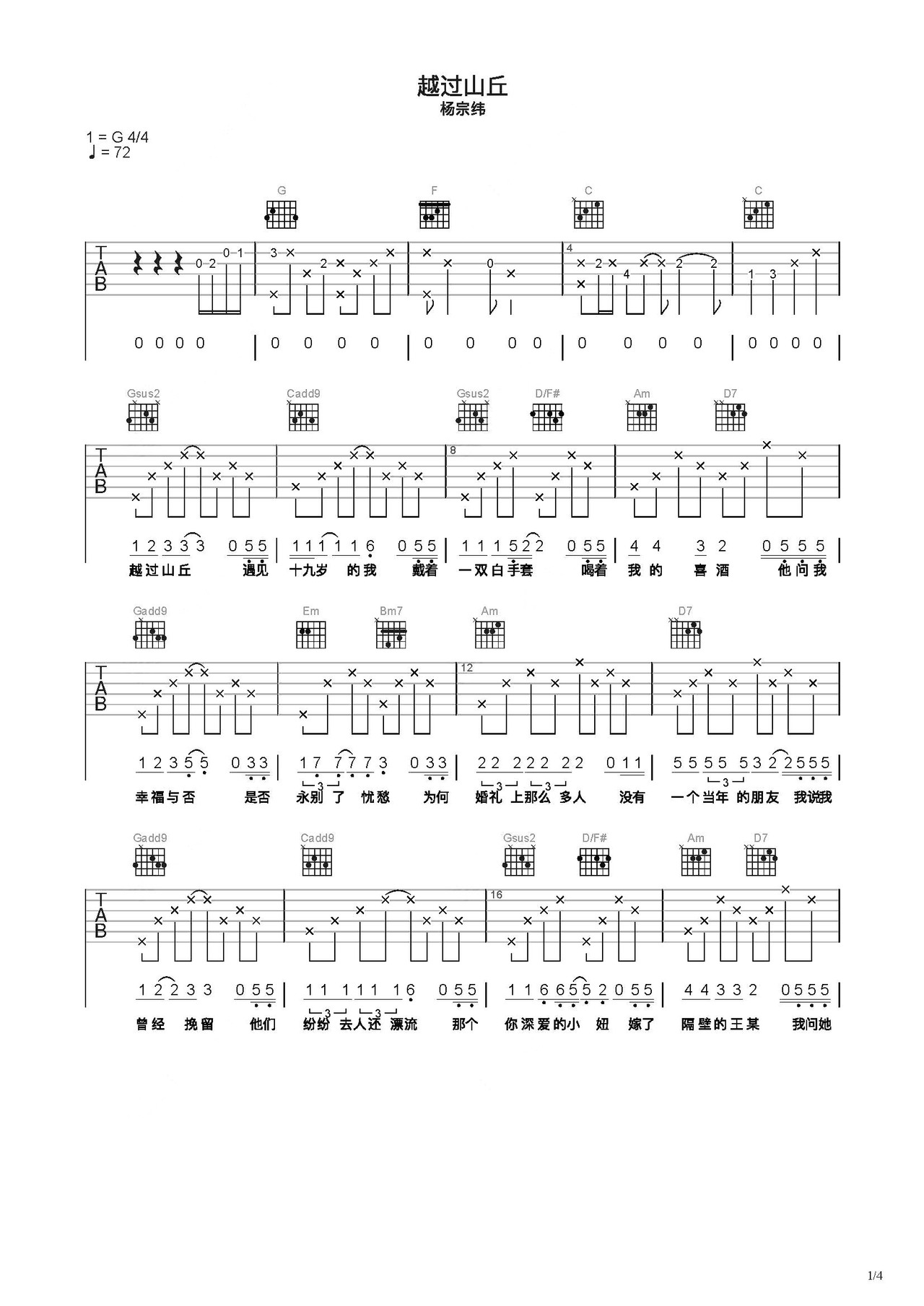 《越过山丘》吉他谱 E调果木浪子吉他弹唱教学曲谱-简谱网