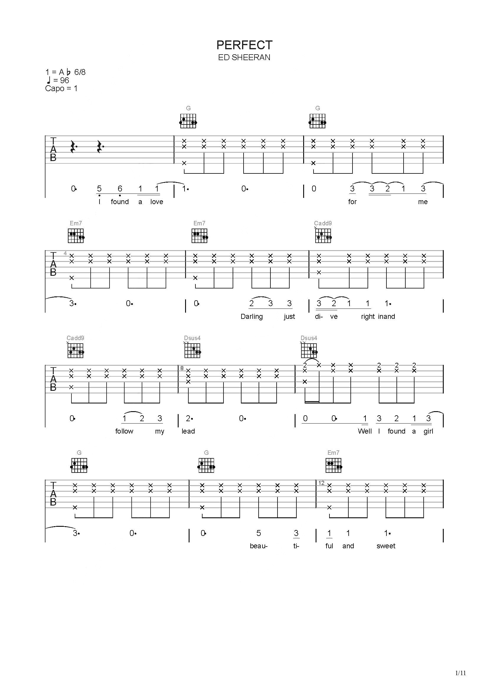 Ed,Sheeran《Perfect》吉他谱(C调)-Guitar Music Score-看谱啦