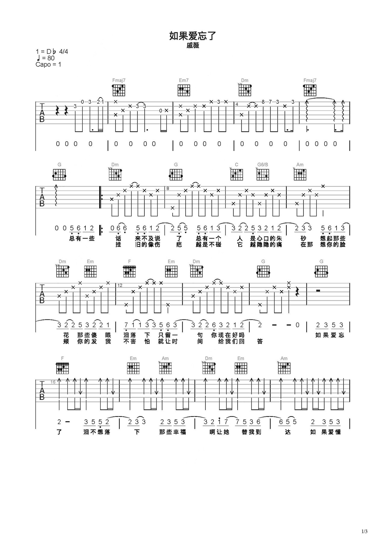 如果爱忘了吉他谱 - 虫虫吉他谱免费下载 - 虫虫吉他