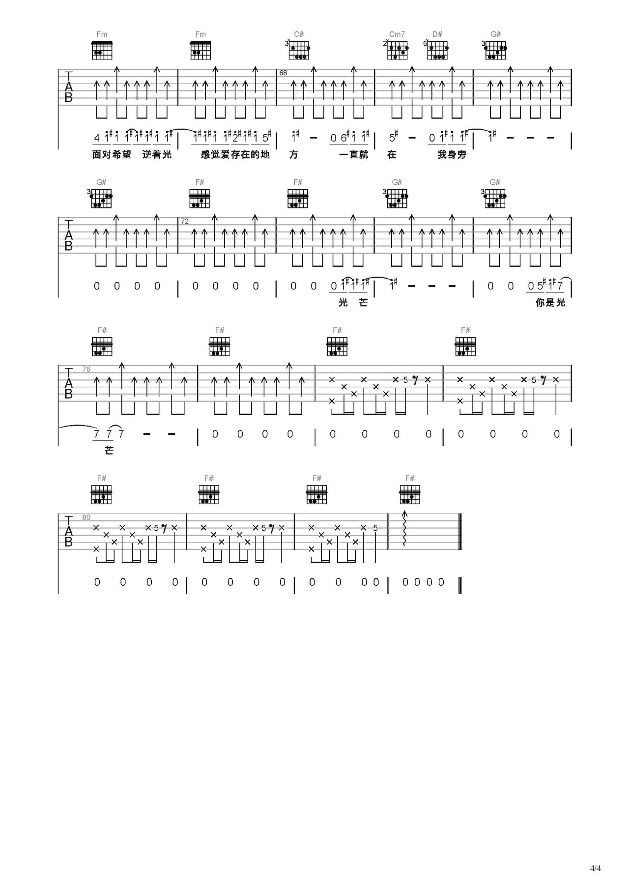 逆光吉他谱_孙燕姿_原版A调高清吉他谱_六线谱 - 热门吉他谱 - 吉他网