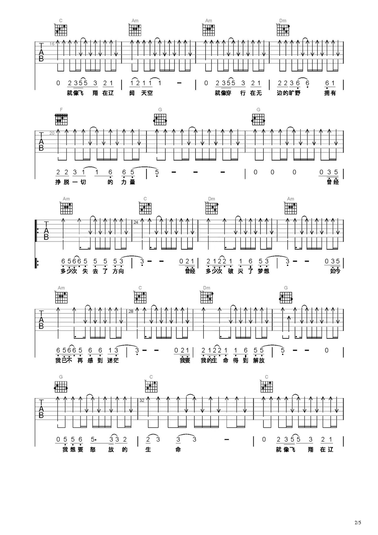 吉他谱《怒放的生命》- 全曲偏原版伴奏曲谱 - 国语版 - 拍子4/4拍 - 选调C调 - 汪峰六线谱 - 易谱库