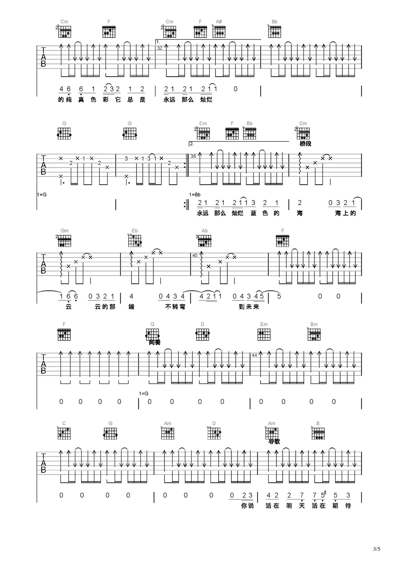 孙燕姿《第一天》吉他谱(C调)-Guitar Music Score - GTP吉他谱