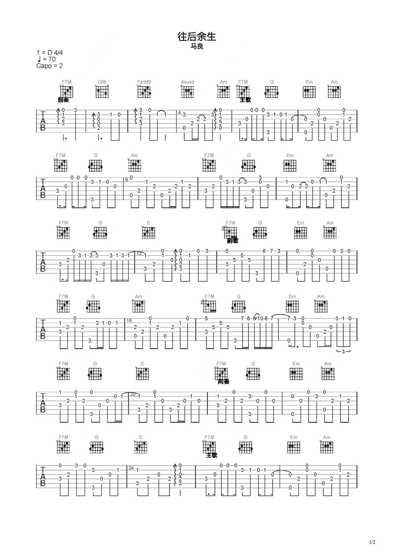 往后余生吉他谱-指弹谱-c调-虫虫吉他