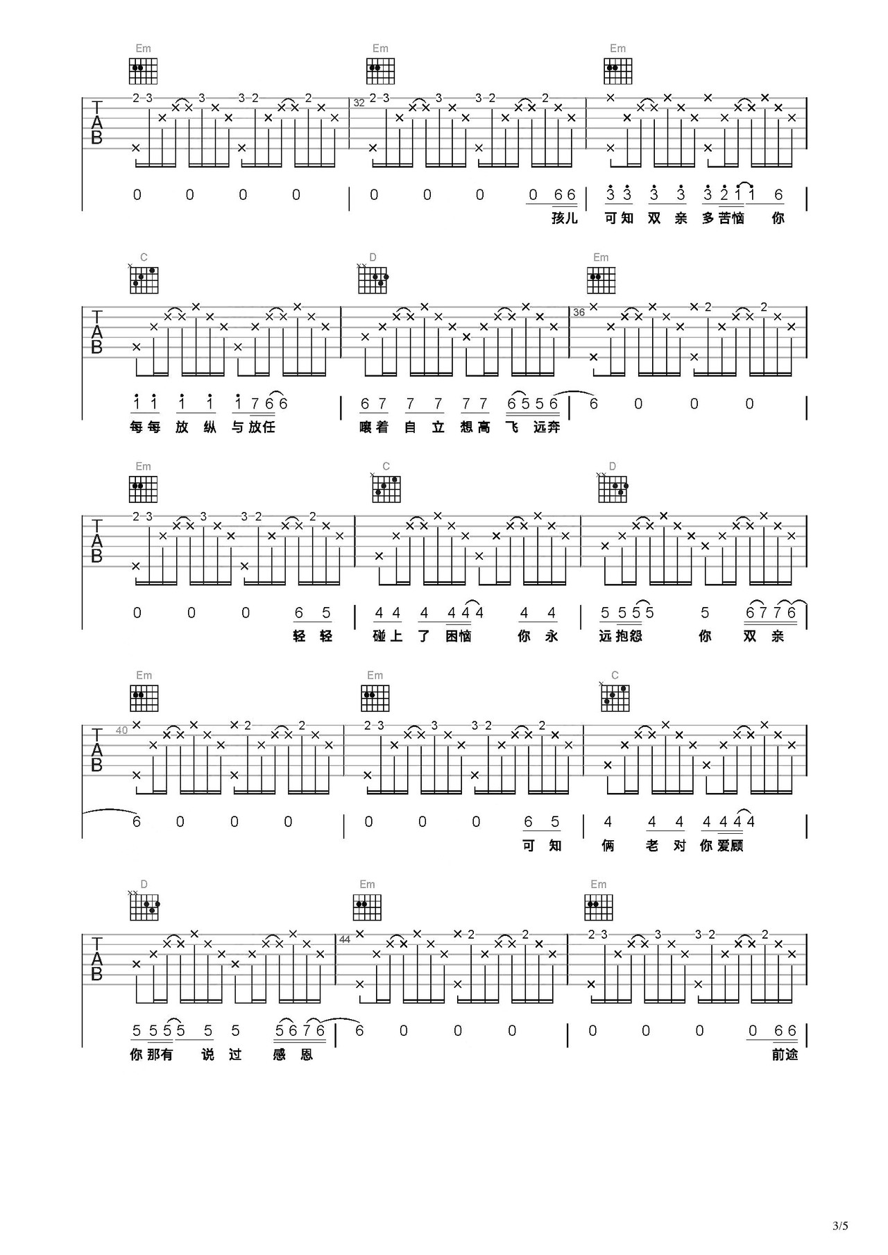 孩儿吉他谱-弹唱谱-c调-虫虫吉他