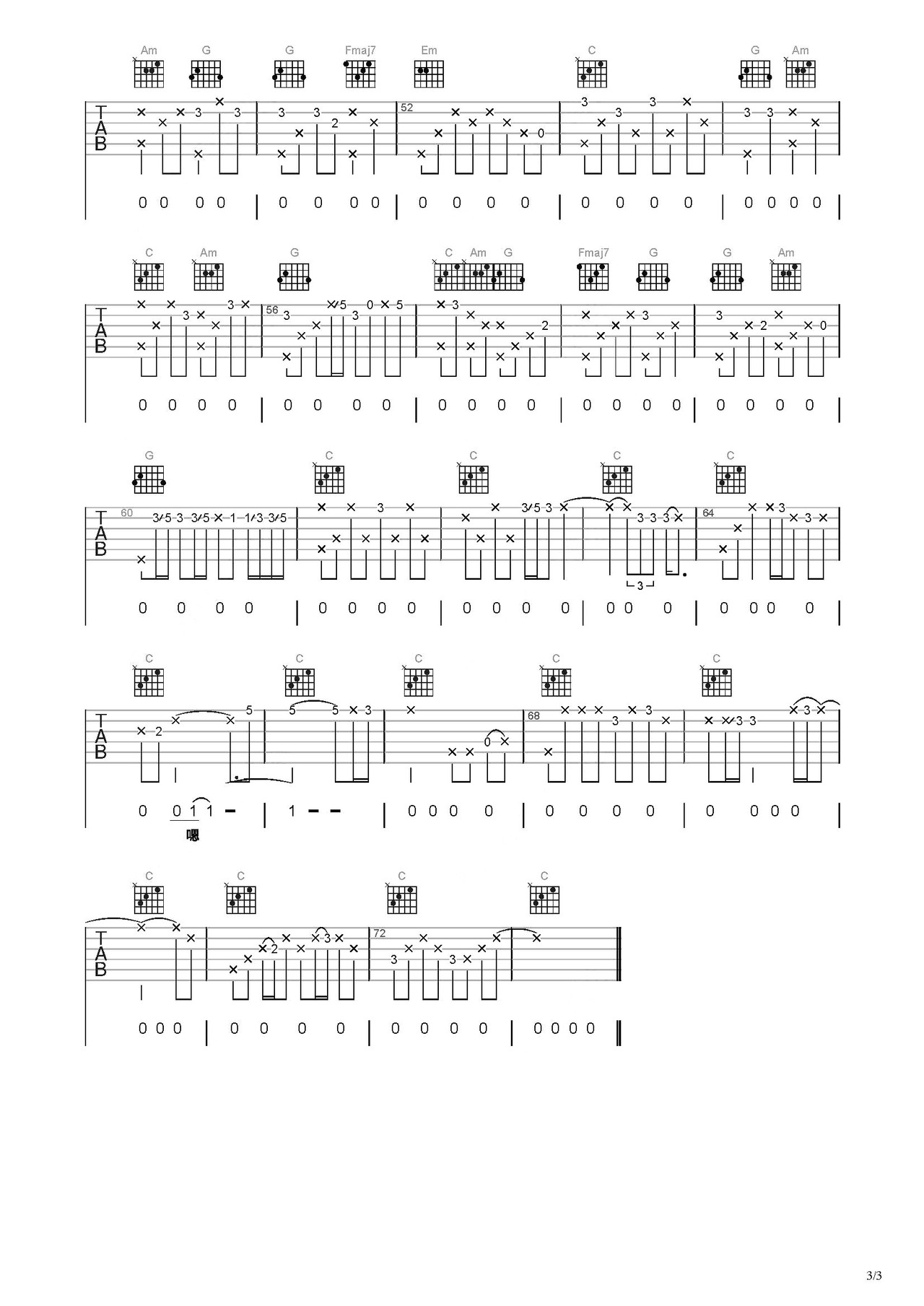 知道不知道吉他谱-指弹谱-c调-虫虫吉他