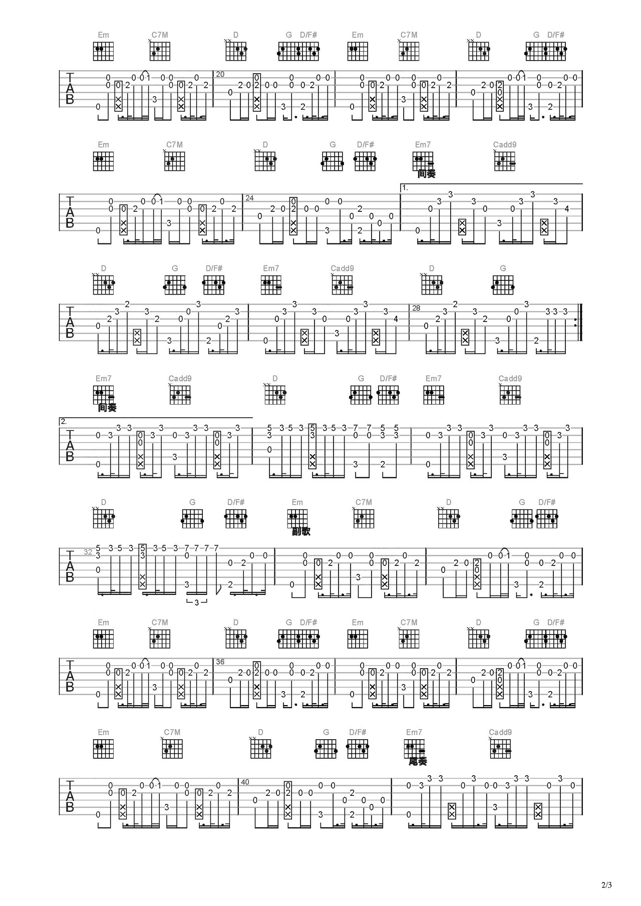 粉色海洋吉他谱-指弹谱-c调-虫虫吉他